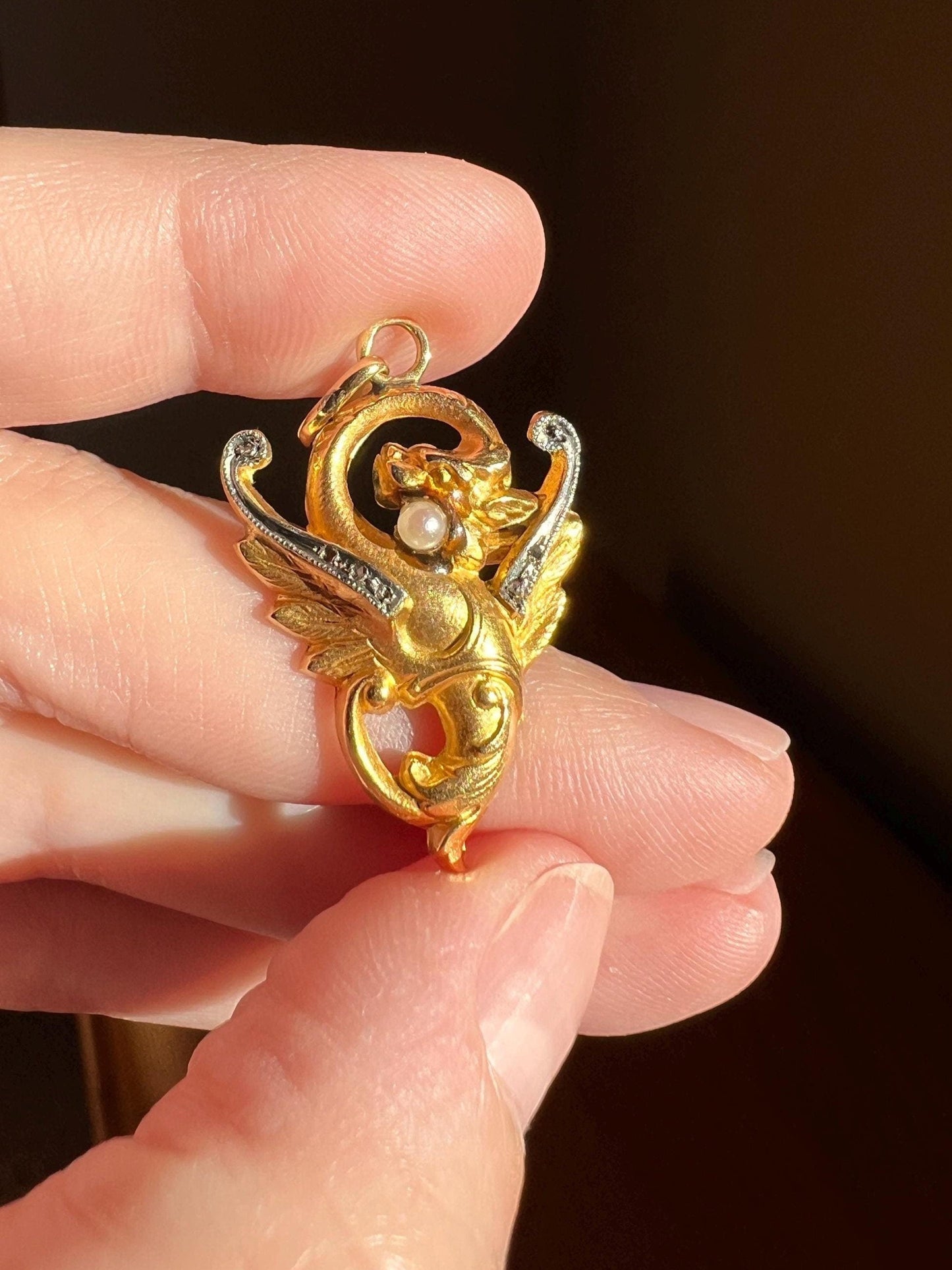 FRENCH Antique 18k Gold DRAGON Pendant Rose Cut Diamond Chimera Griffin Winged Beast FIGURAL Pearl Victorian Belle Epoque Lifelike Satin