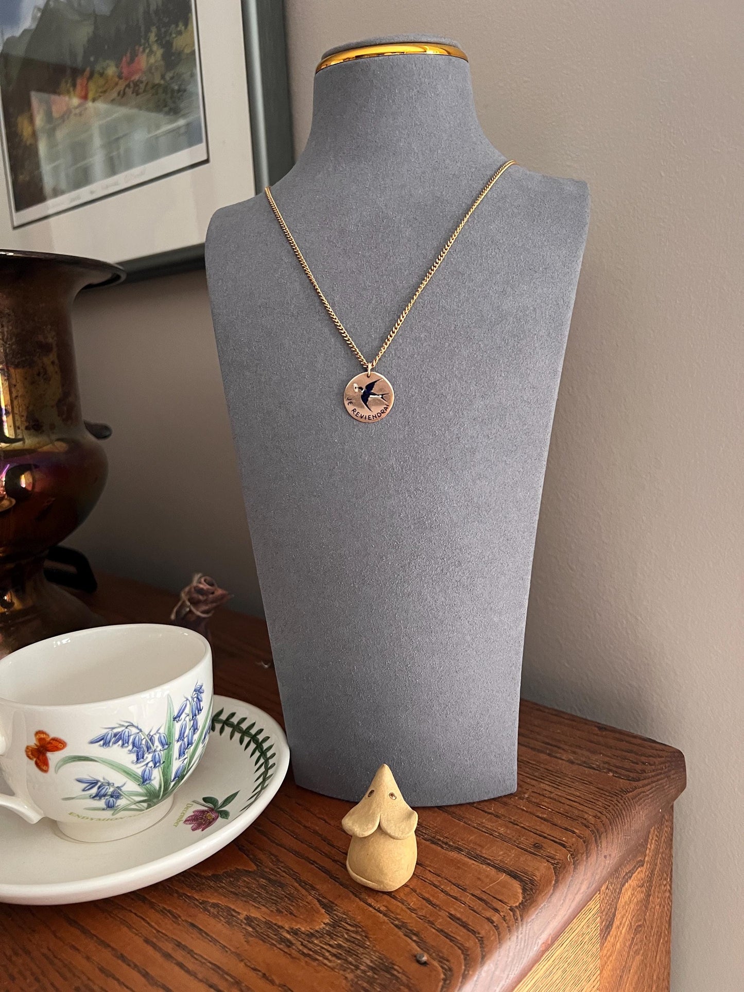 BIRD Swallow ENAMEL French Antique " I Will Return Again “ 18k Gold Solid Art Nouveau Blackbird Blue Pendant Charm Fob Tag Jewelry w/ Words