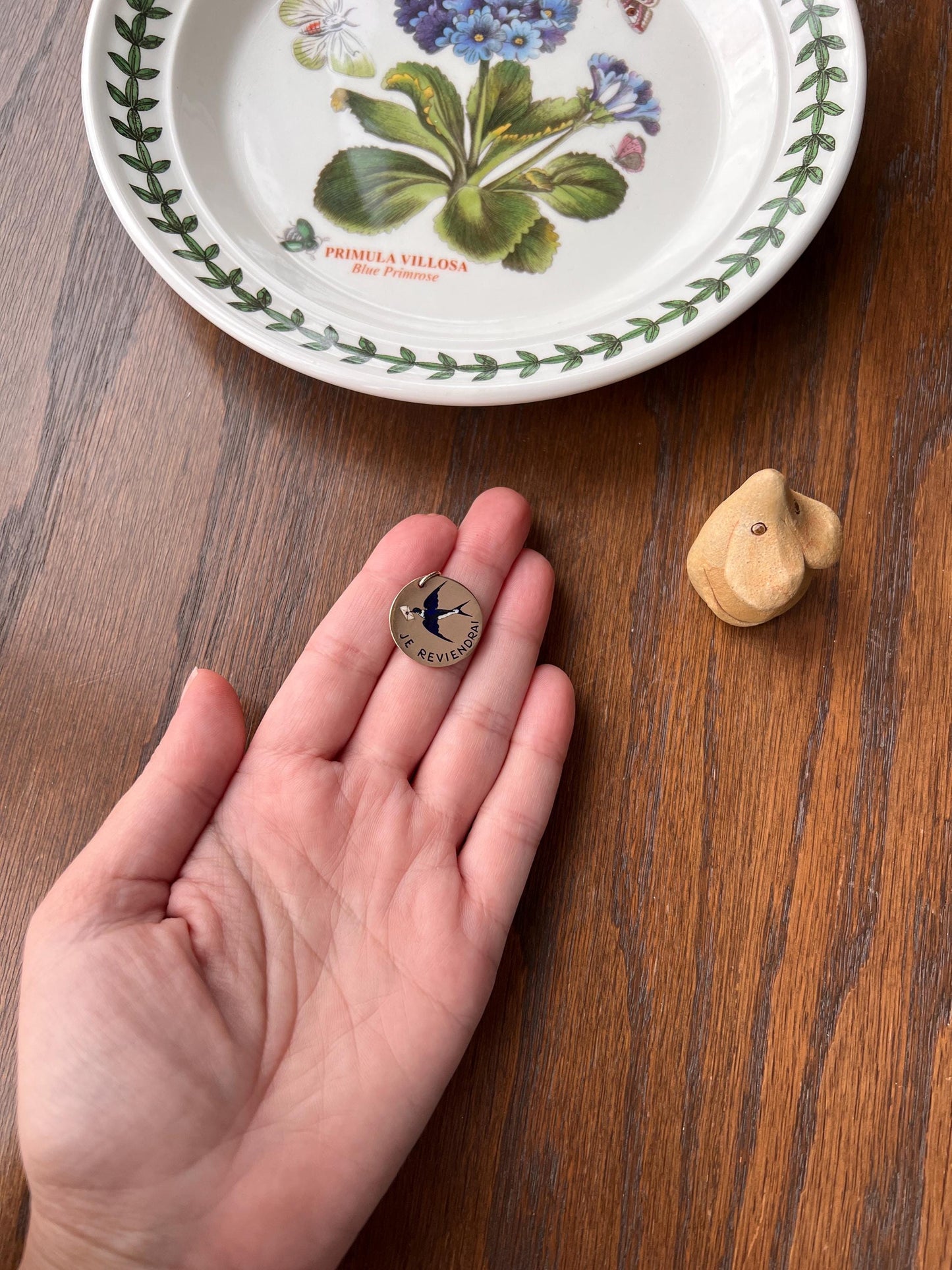 BIRD Swallow ENAMEL French Antique " I Will Return Again “ 18k Gold Solid Art Nouveau Blackbird Blue Pendant Charm Fob Tag Jewelry w/ Words