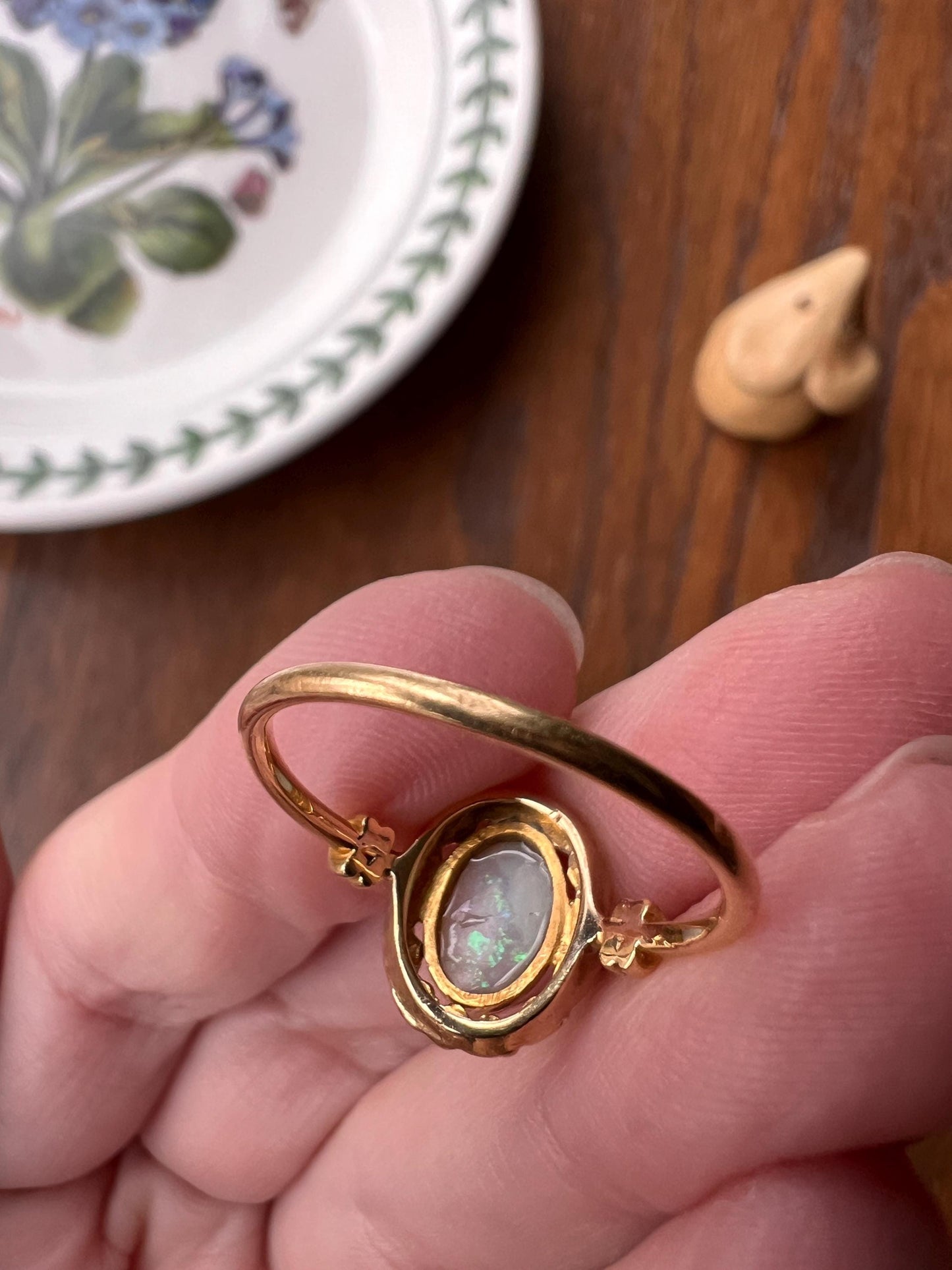 Unique OPAL Art NOUVEAU Floral Garland French Antique 18k Gold Ring Bows Laurel Leaf Berries Halo Romantic Gift Belle Epoque Figural