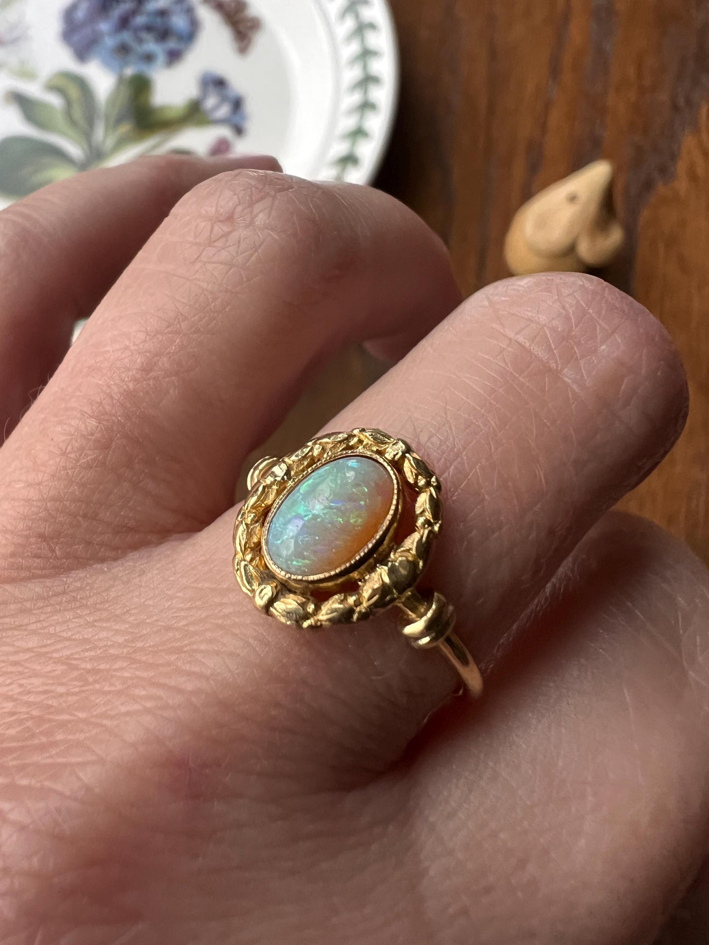 Unique OPAL Art NOUVEAU Floral Garland French Antique 18k Gold Ring Bows Laurel Leaf Berries Halo Romantic Gift Belle Epoque Figural