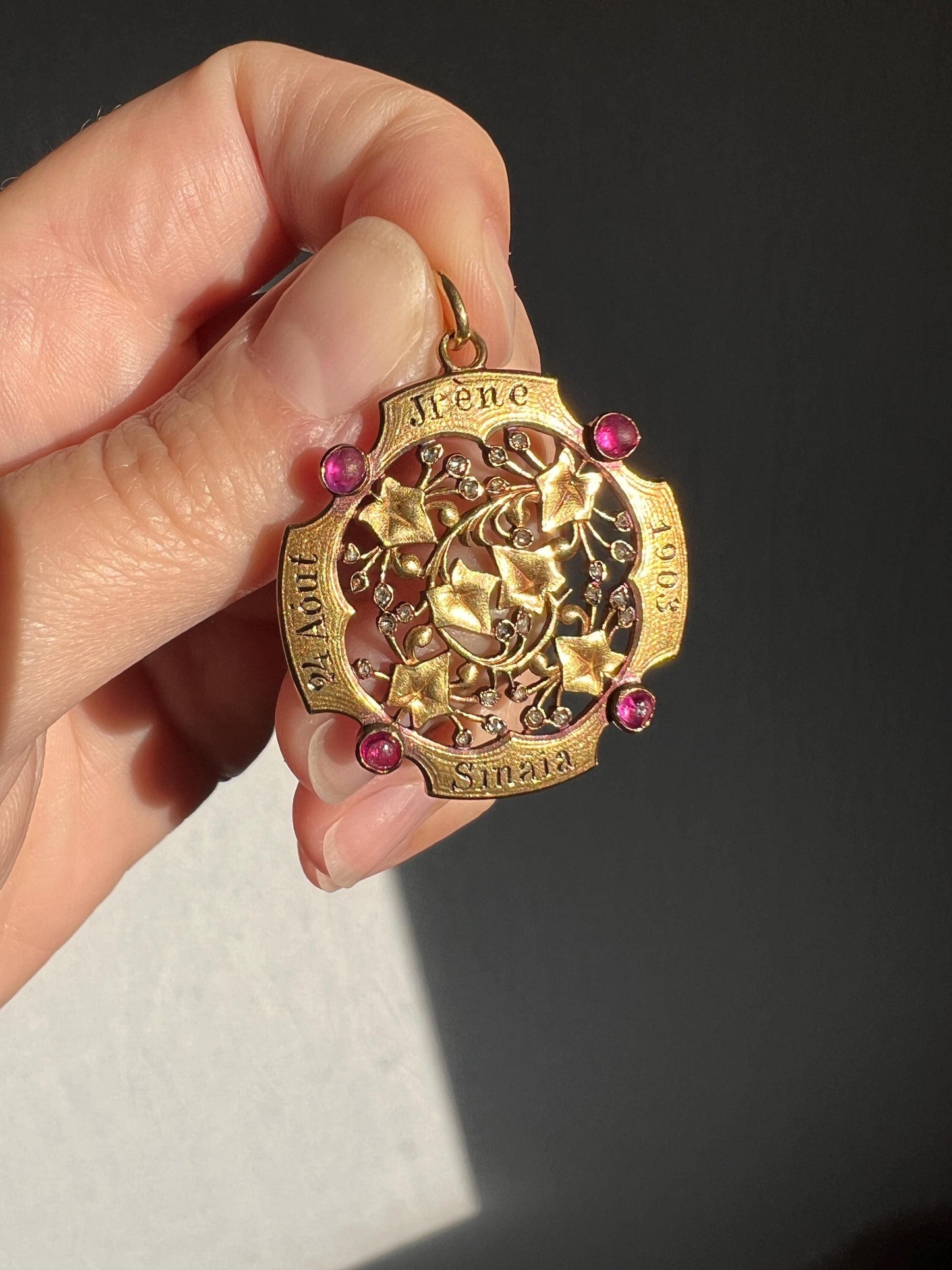 HEAVY Antique DATED 1903 IVY Rose Cut Diamond Ruby Figural Pendant Exceptional French Medallion 9g 18k Gold Solid Belle Epoque Engraved Vine