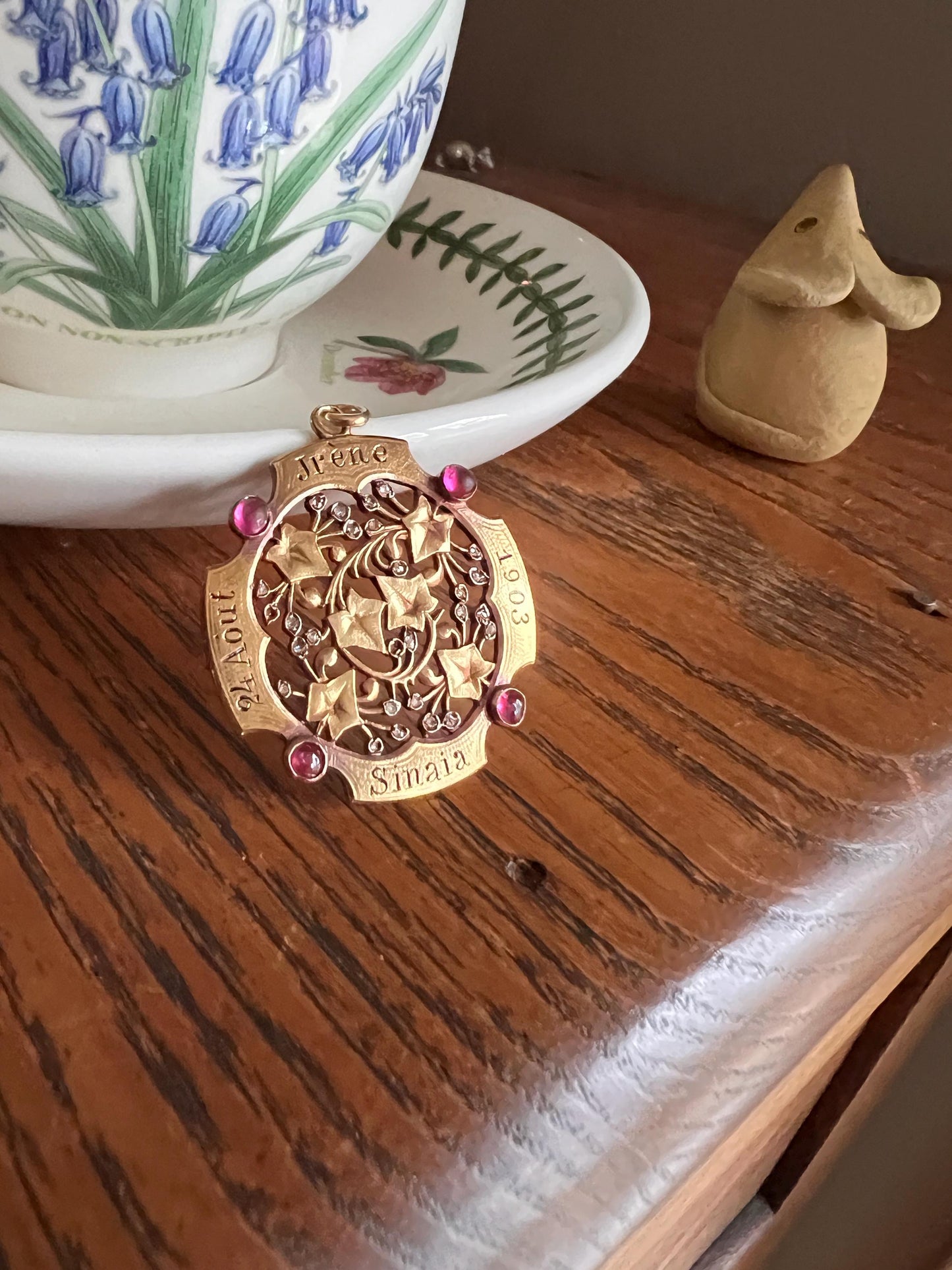 HEAVY Antique DATED 1903 IVY Rose Cut Diamond Ruby Figural Pendant Exceptional French Medallion 9g 18k Gold Solid Belle Epoque Engraved Vine
