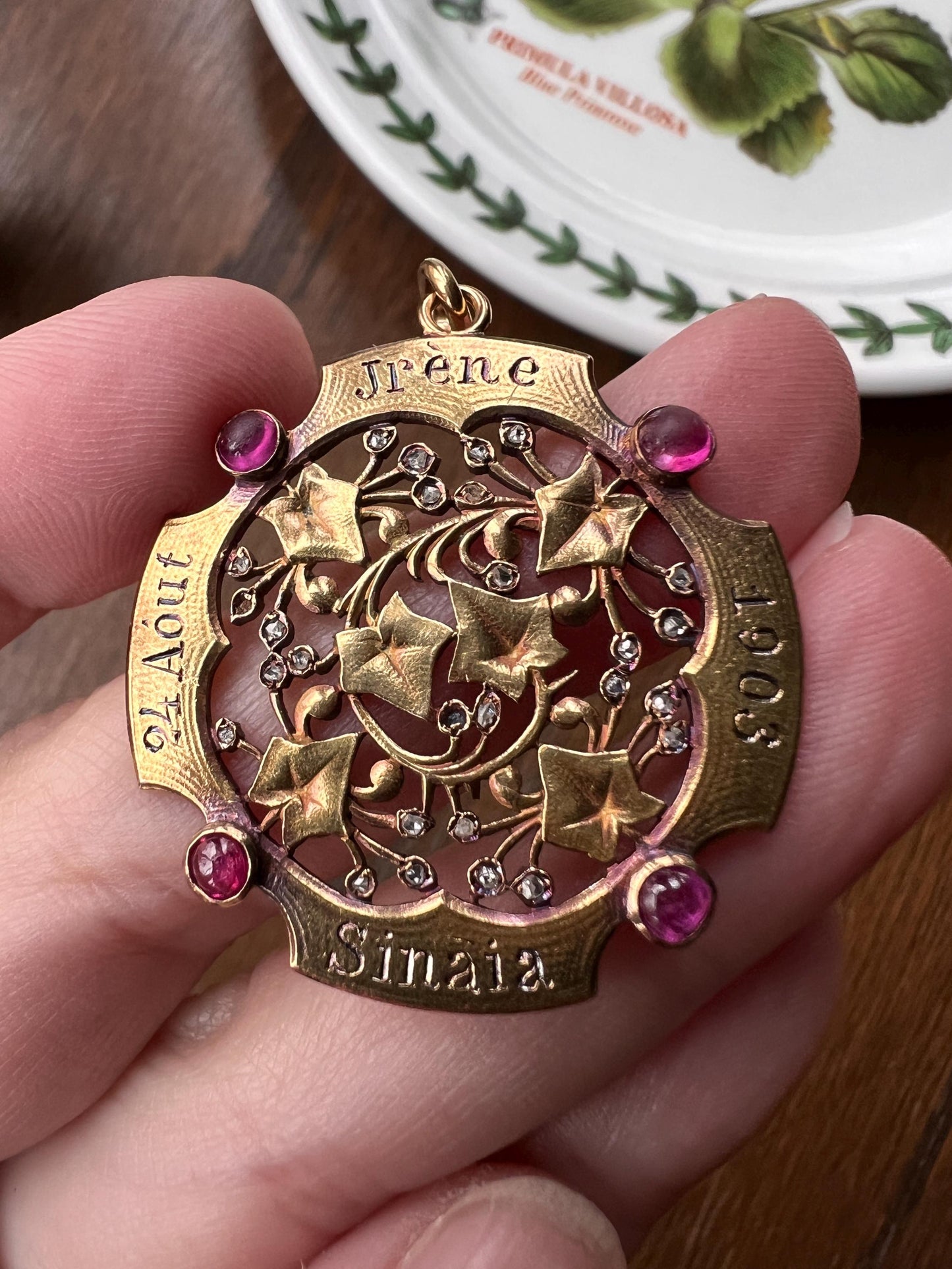 HEAVY Antique DATED 1903 IVY Rose Cut Diamond Ruby Figural Pendant Exceptional French Medallion 9g 18k Gold Solid Belle Epoque Engraved Vine