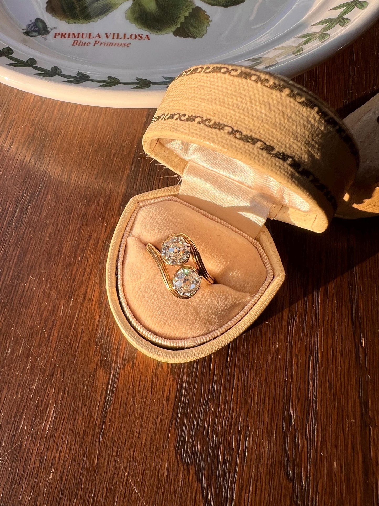 Toi et Moi 1.7 CARAT Old Mine Cut DIAMOND Chunky Two Stone Antique Ring French 18k Gold Angled Swirl Band Stacker Romantic Gift OMC 1.7Ctw
