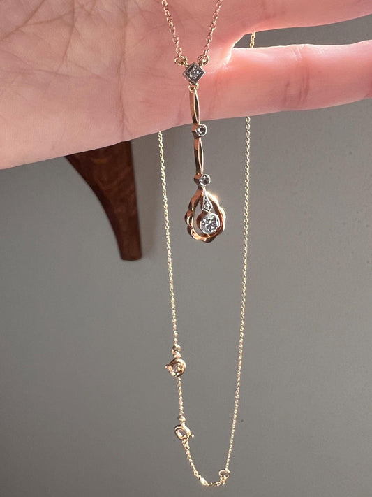 Belle Epoque Old European Mine Cut DIAMOND Dangle Necklace on 18k Gold Chain Antique Edwardian Teardrop Lavalier Dainty Romantic Gift OmC