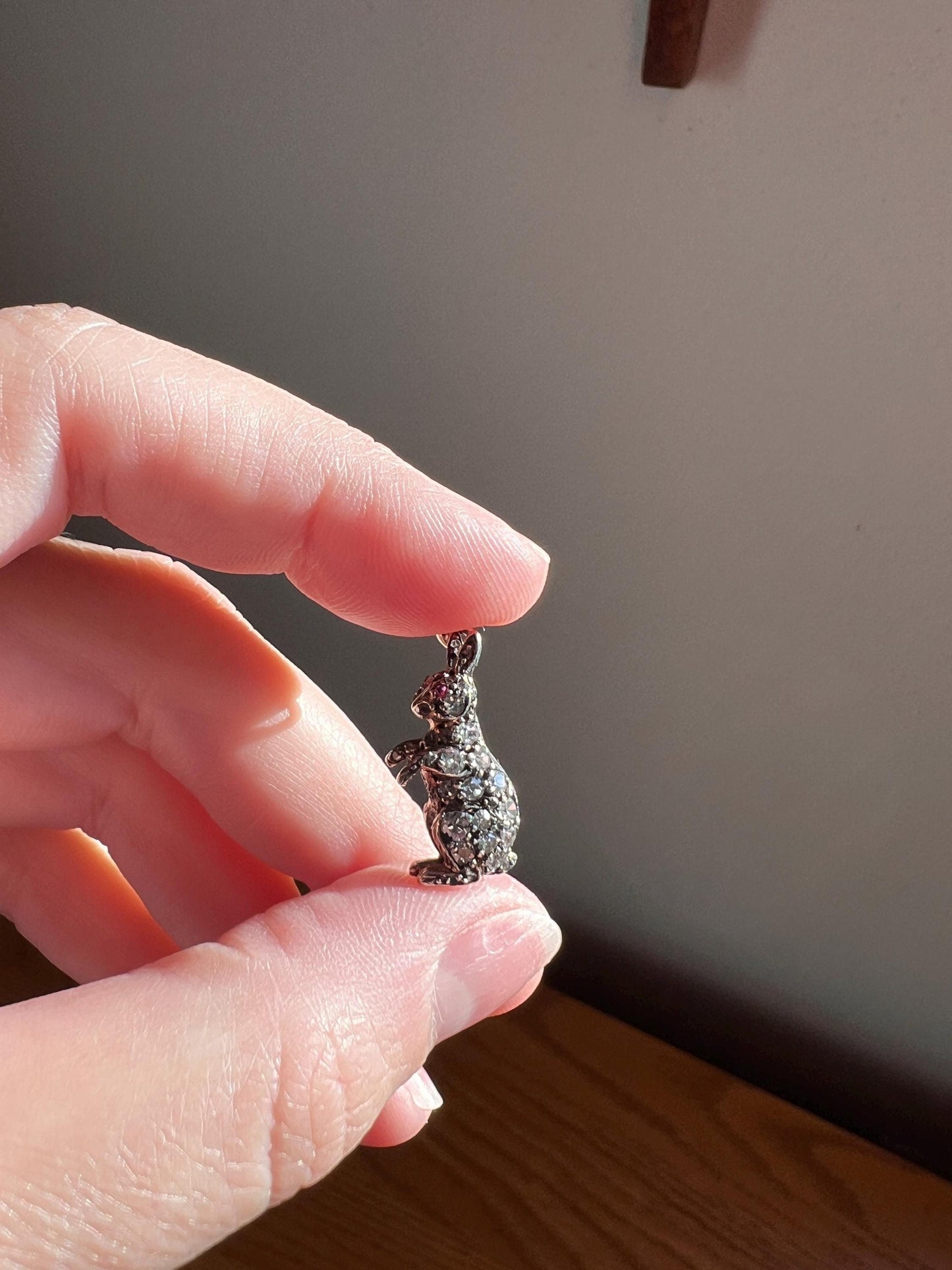 BUNNY Victorian ANTIQUE Old Mine Single Rose Cut Diamond Encrusted Figural Rabbit Pendant 14k Gold Silver 3D Pink Ruby Eye Animal Gift OmC