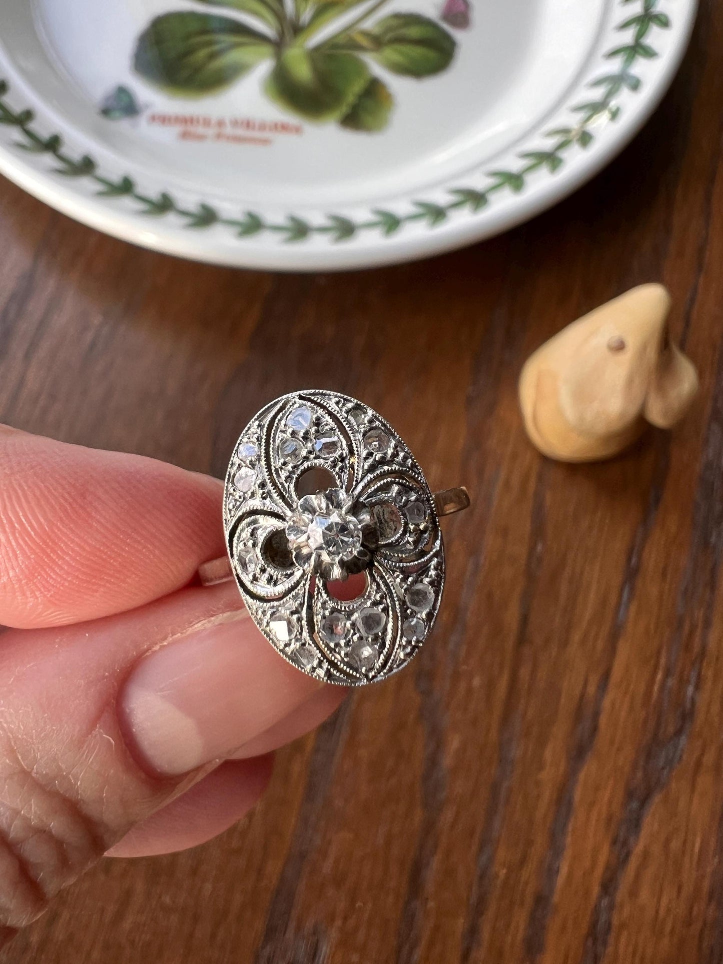 Belle Epoque Oval Old Mine Rose Cut DIAMOND Antique Panel Platform Ring Openwork French 18k White Gold Platinum Solid Stacker Romantic Gift