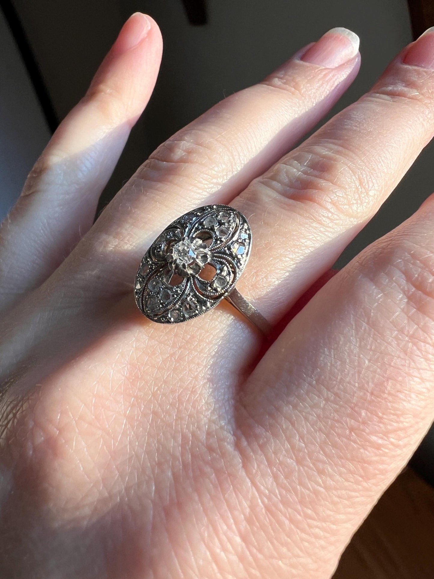 Belle Epoque Oval Old Mine Rose Cut DIAMOND Antique Panel Platform Ring Openwork French 18k White Gold Platinum Solid Stacker Romantic Gift