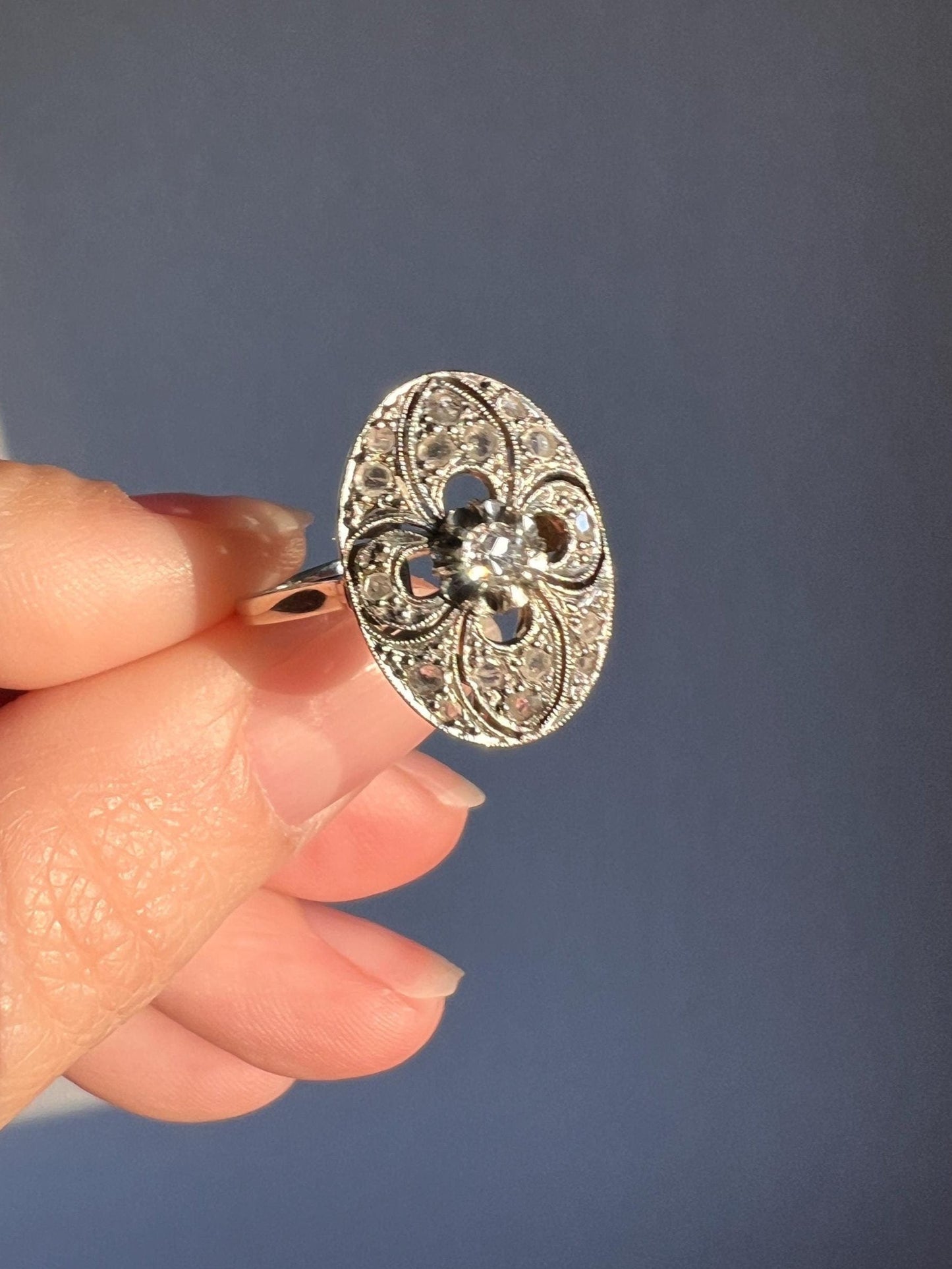 Belle Epoque Oval Old Mine Rose Cut DIAMOND Antique Panel Platform Ring Openwork French 18k White Gold Platinum Solid Stacker Romantic Gift