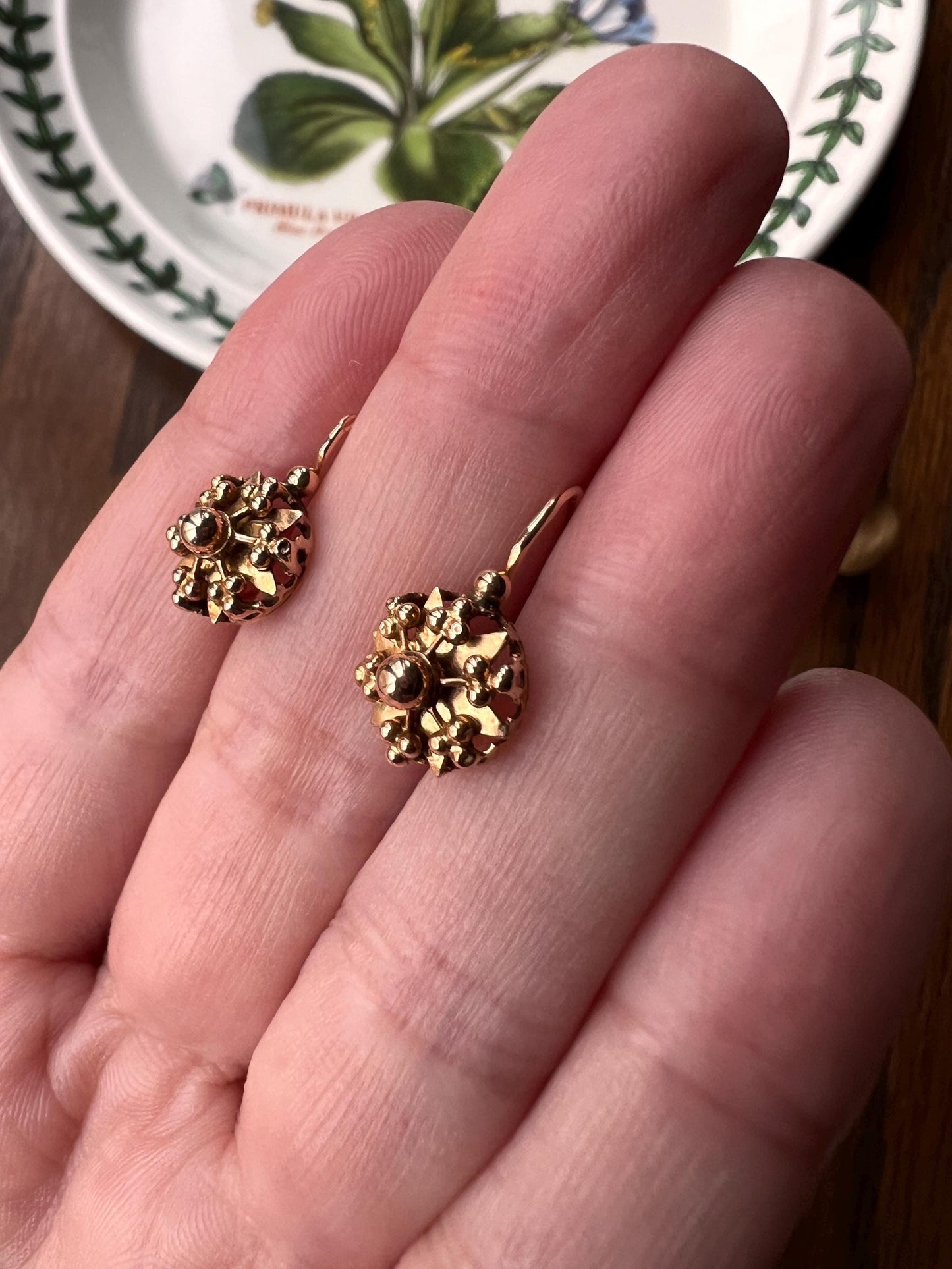 STAR Bead Ball Rivet French Antique Victorian 18k GOLD Dormeuse Dangle EARRINGS Ornate Romantic Gift Bridal Something Old Wedding Jewelry