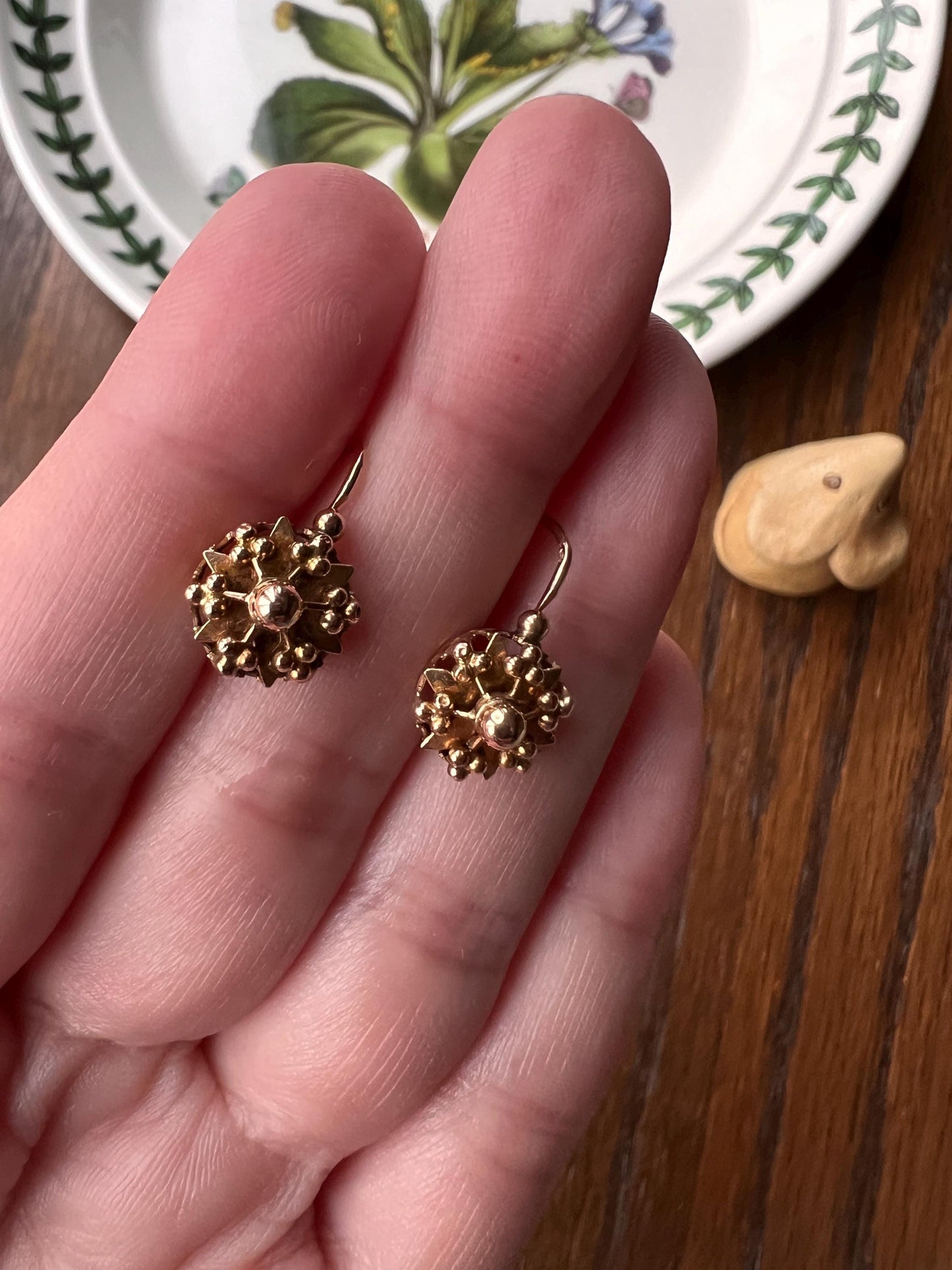 STAR Bead Ball Rivet French Antique Victorian 18k GOLD Dormeuse Dangle EARRINGS Ornate Romantic Gift Bridal Something Old Wedding Jewelry