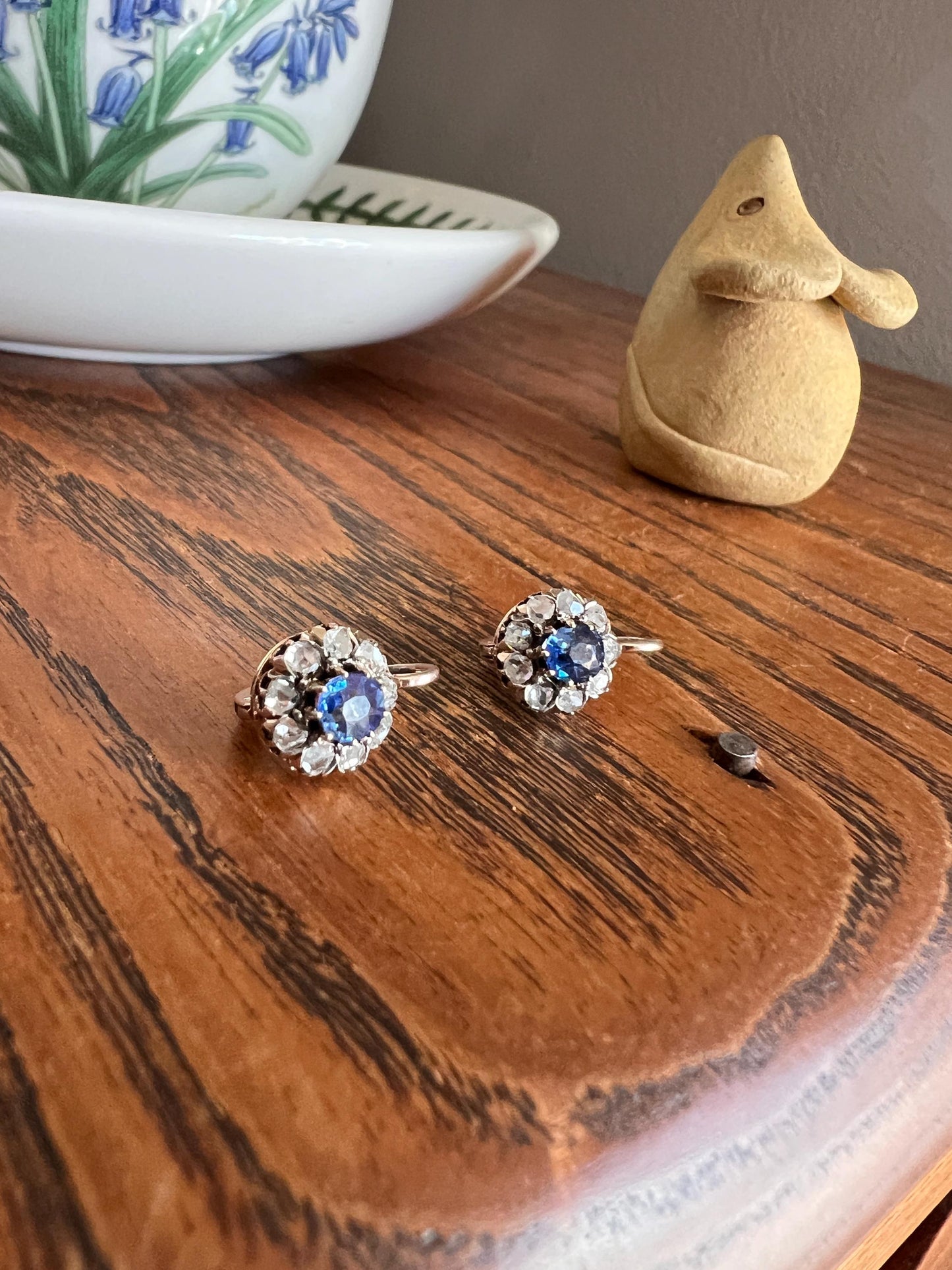Antique Blue SAPPHIRE .7 Carat Rose Cut DIAMOND Halo Earrings 14k Gold Victorian Dangle Dormeuse Gift Bridal Something Old Blue Holiday Gift