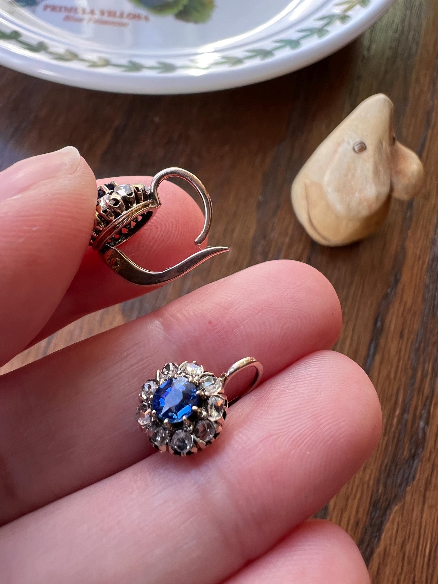 Antique Blue SAPPHIRE .7 Carat Rose Cut DIAMOND Halo Earrings 14k Gold Victorian Dangle Dormeuse Gift Bridal Something Old Blue Holiday Gift