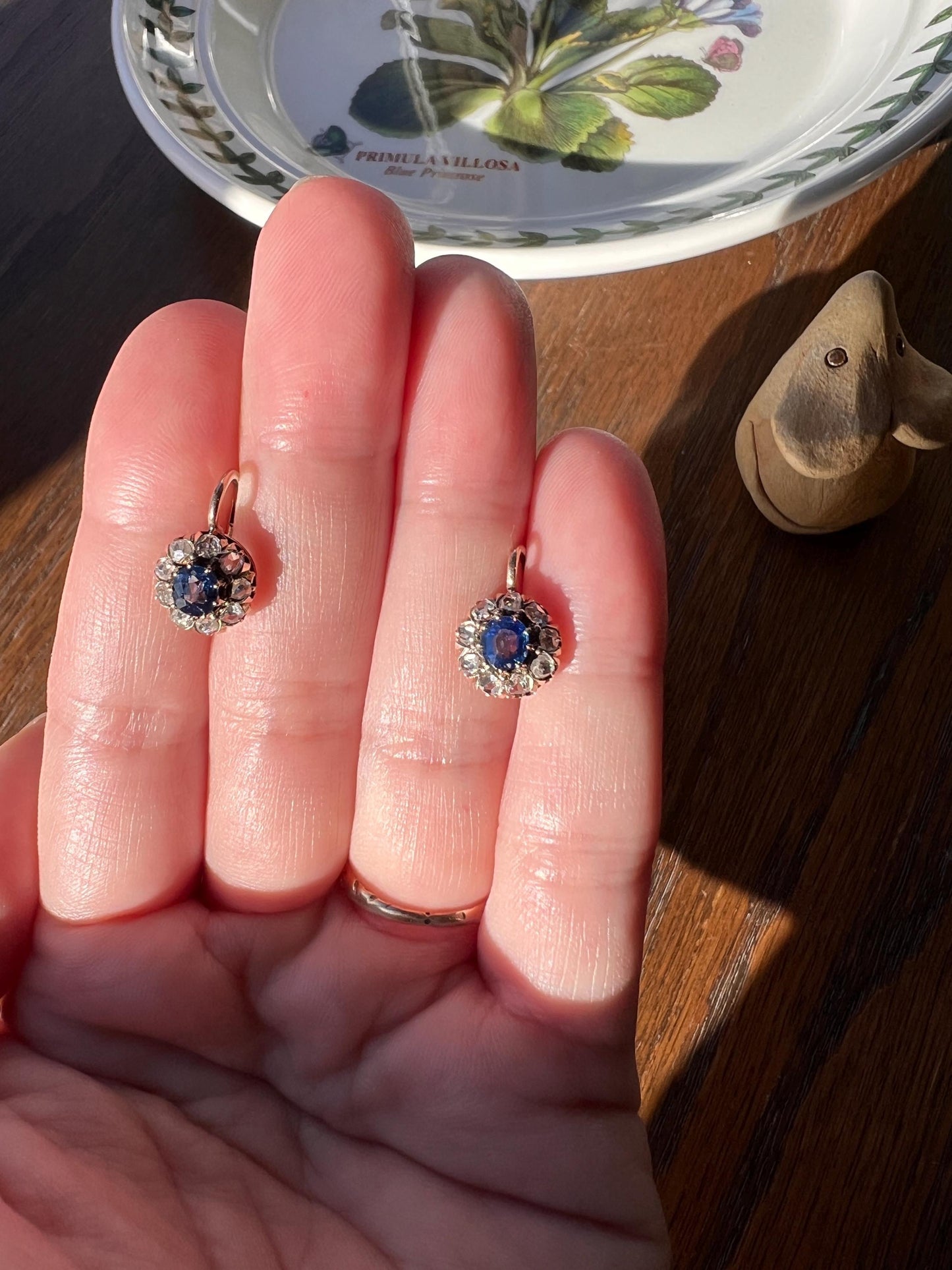 Antique Blue SAPPHIRE .7 Carat Rose Cut DIAMOND Halo Earrings 14k Gold Victorian Dangle Dormeuse Gift Bridal Something Old Blue Holiday Gift