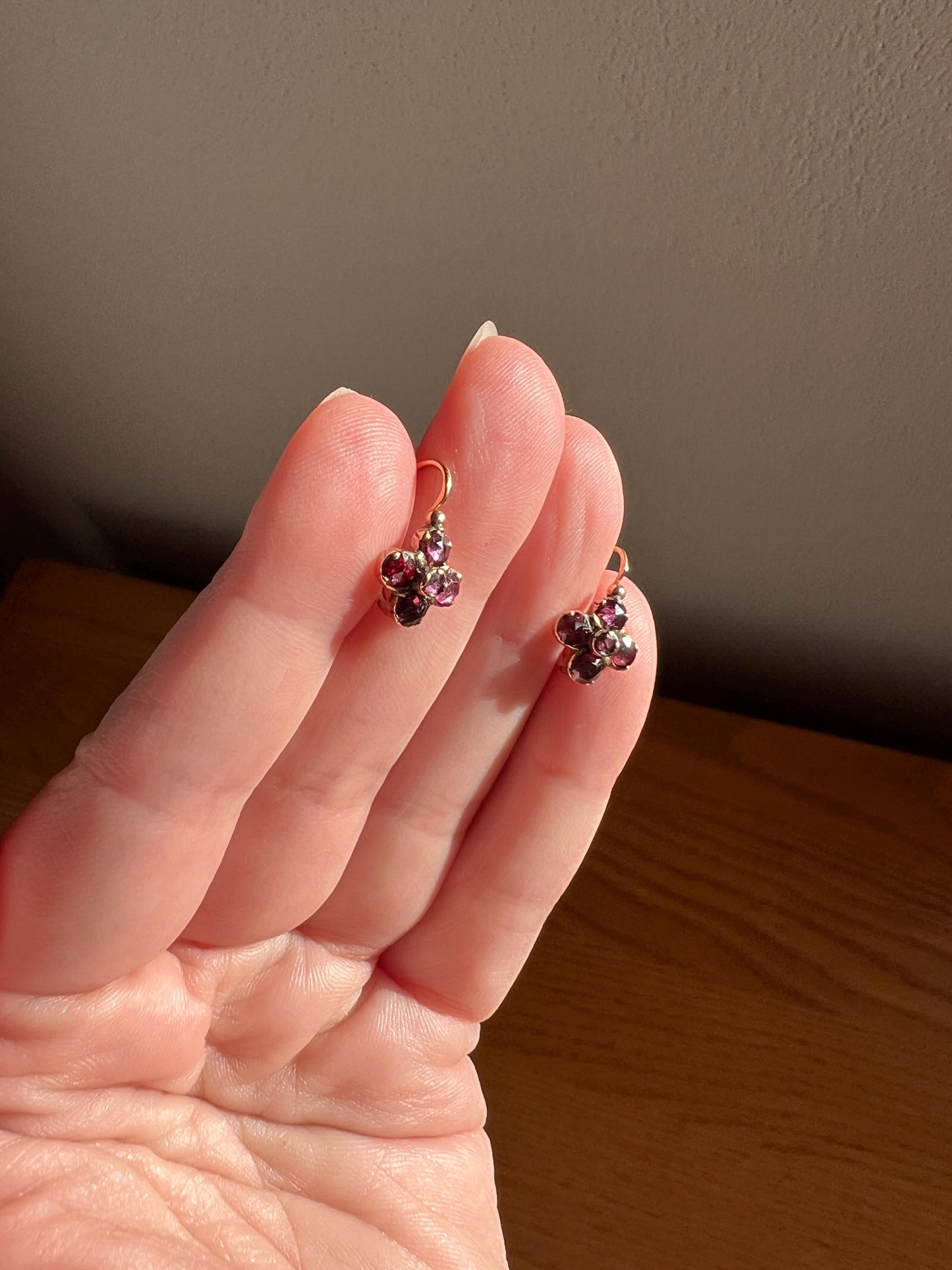 Cruciform Floral FRENCH Perpignan GARNET Antique 18k Gold Earrings Red Holiday Foil Back Victorian Dangle Dormeuse Gift Belle Epoque Bridal