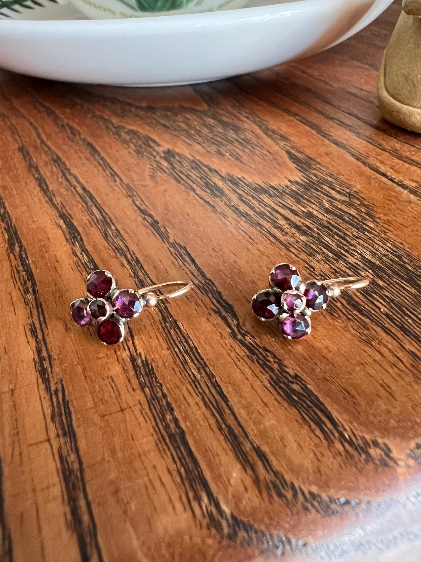Cruciform Floral FRENCH Perpignan GARNET Antique 18k Gold Earrings Red Holiday Foil Back Victorian Dangle Dormeuse Gift Belle Epoque Bridal