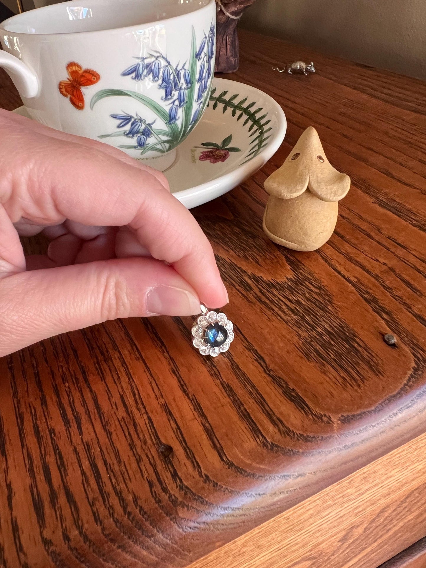 Antique SAPPHIRE 1 Carat Old Mine Cut DIAMOND Halo Daisy Cluster PENDANT 18k Gold Halo Edwardian Love Gift Bridal Something Old Blue Rainbow