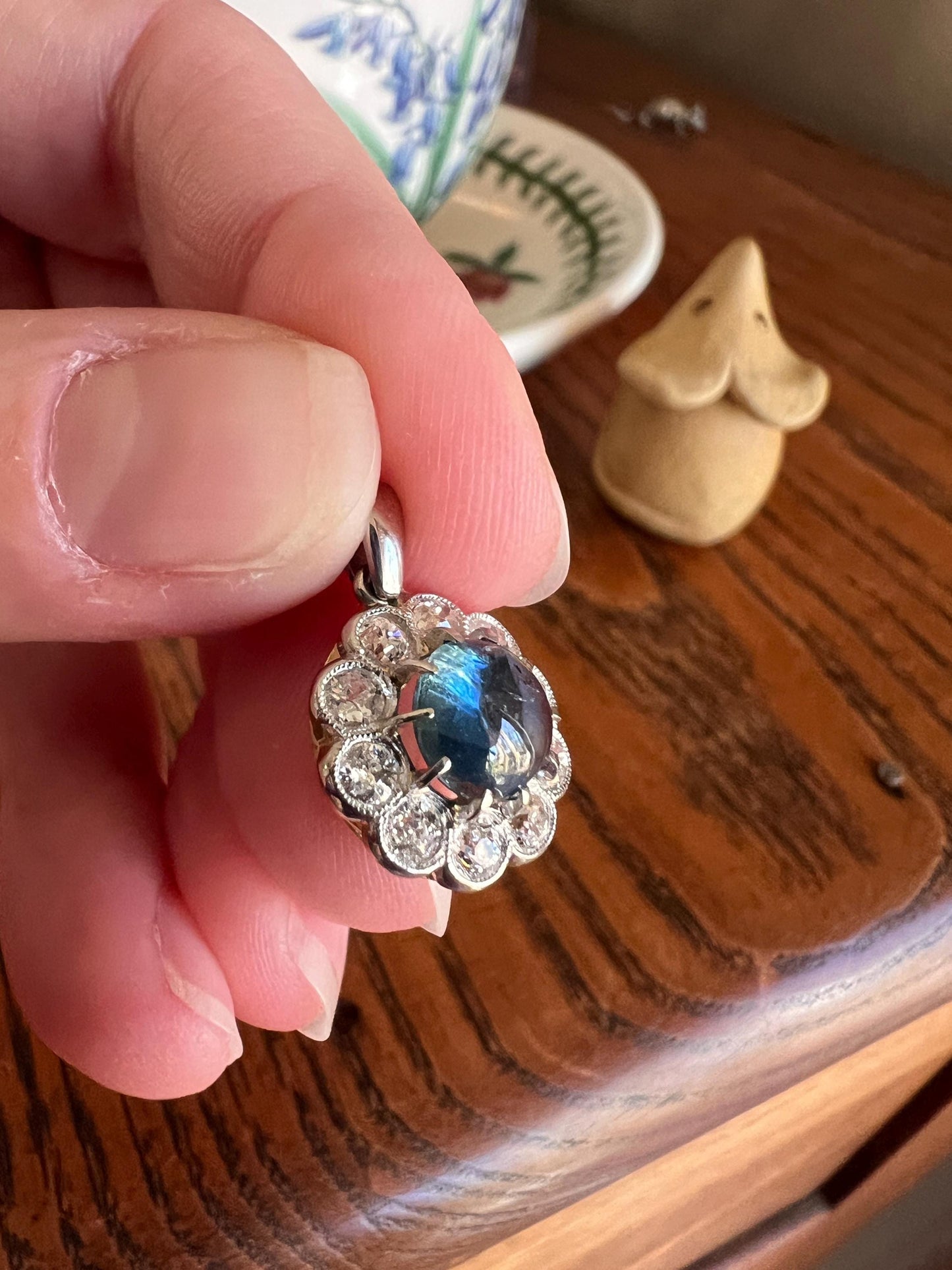 Antique SAPPHIRE 1 Carat Old Mine Cut DIAMOND Halo Daisy Cluster PENDANT 18k Gold Halo Edwardian Love Gift Bridal Something Old Blue Rainbow