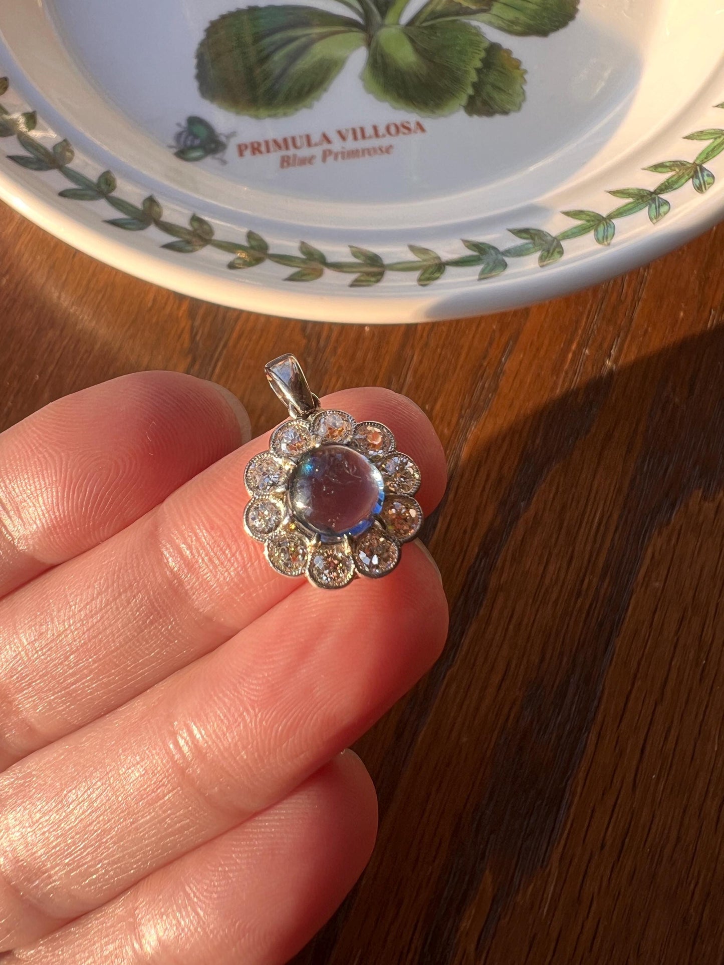 Antique SAPPHIRE 1 Carat Old Mine Cut DIAMOND Halo Daisy Cluster PENDANT 18k Gold Halo Edwardian Love Gift Bridal Something Old Blue Rainbow