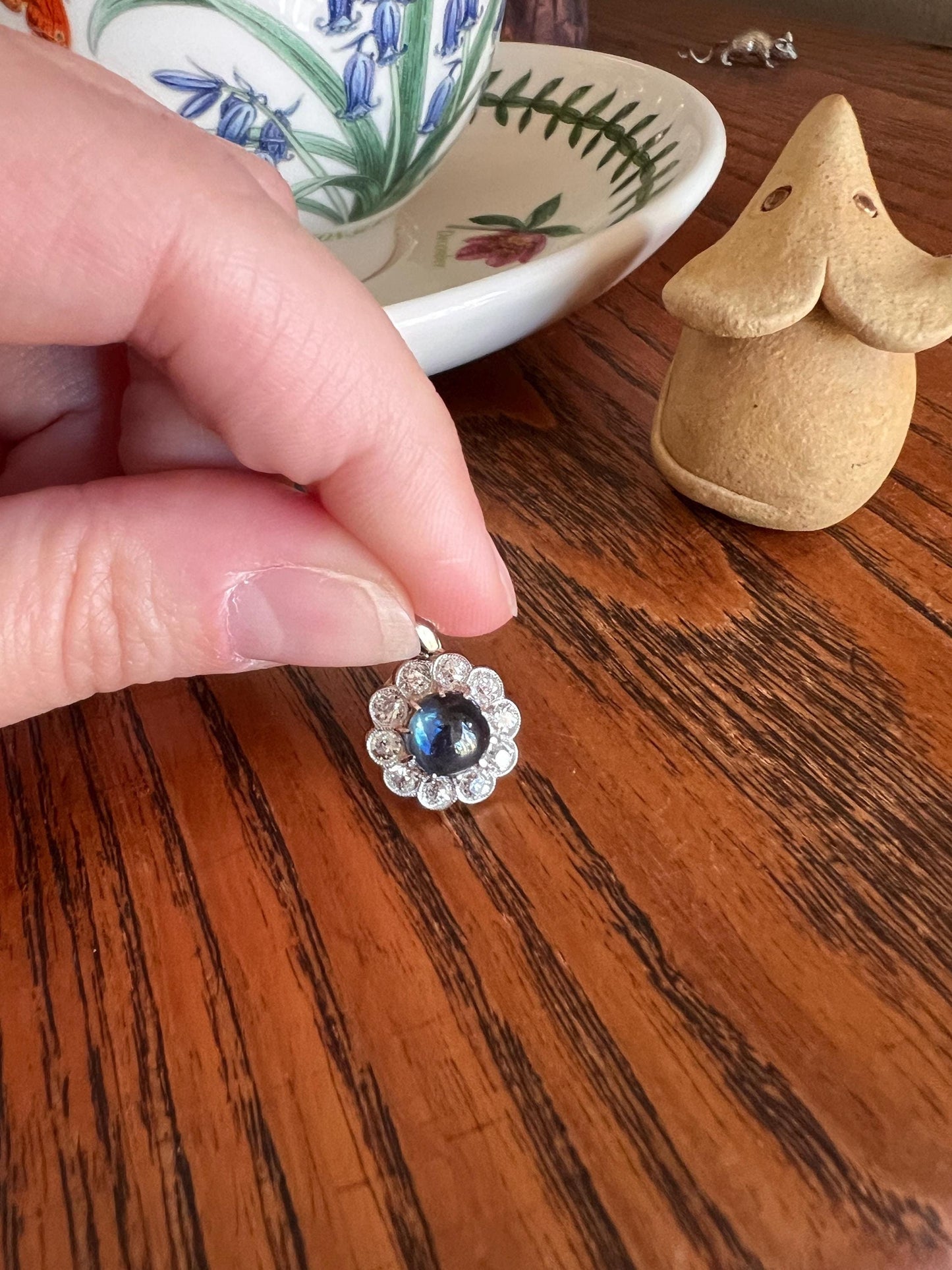 Antique SAPPHIRE 1 Carat Old Mine Cut DIAMOND Halo Daisy Cluster PENDANT 18k Gold Halo Edwardian Love Gift Bridal Something Old Blue Rainbow
