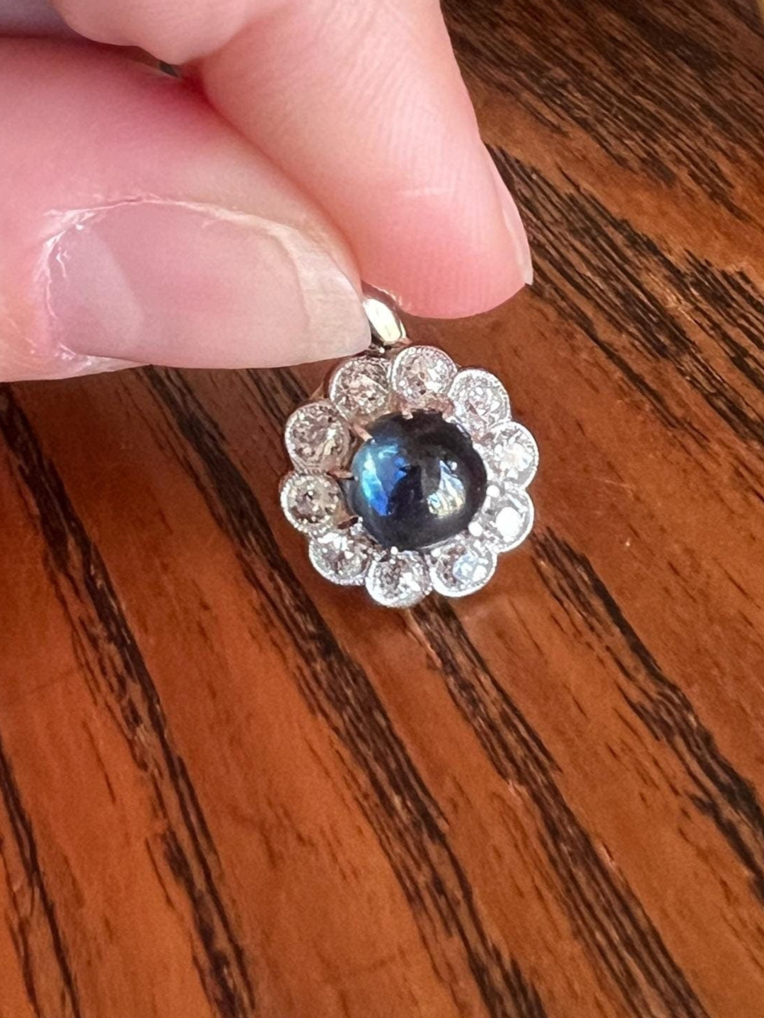 Antique SAPPHIRE 1 Carat Old Mine Cut DIAMOND Halo Daisy Cluster PENDANT 18k Gold Halo Rainbow