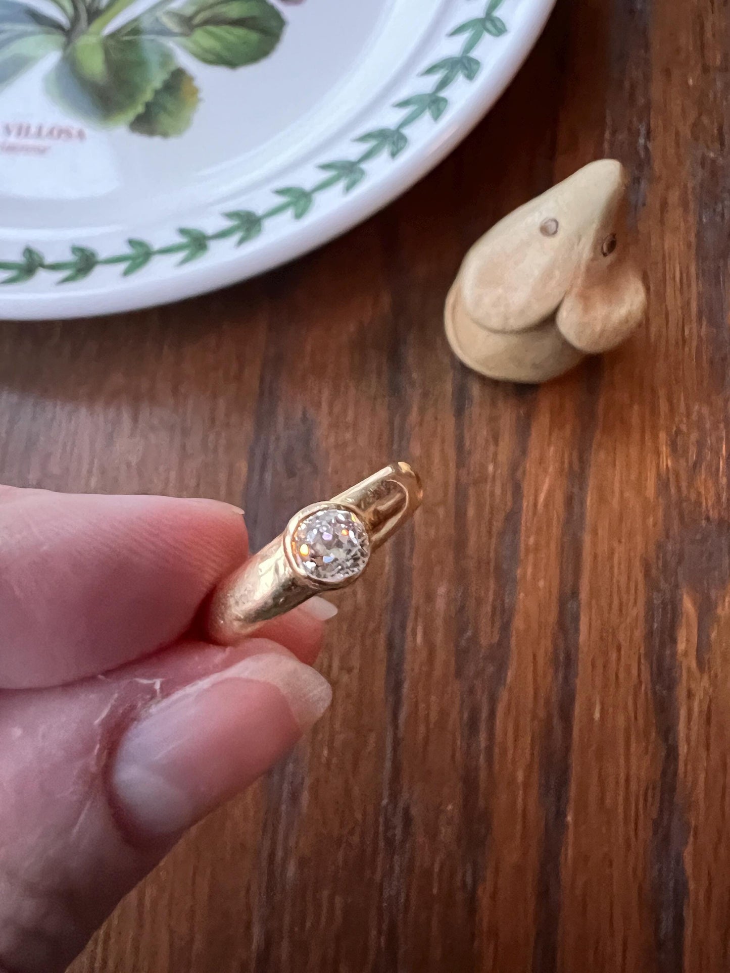 Antique .5 Carat Old Mine Cut DIAMOND Bezel Set Solitaire Ring Chunky Stacker Gypsy Band 18k Gold French Engagement Romantic Gift .5Ctw OmC