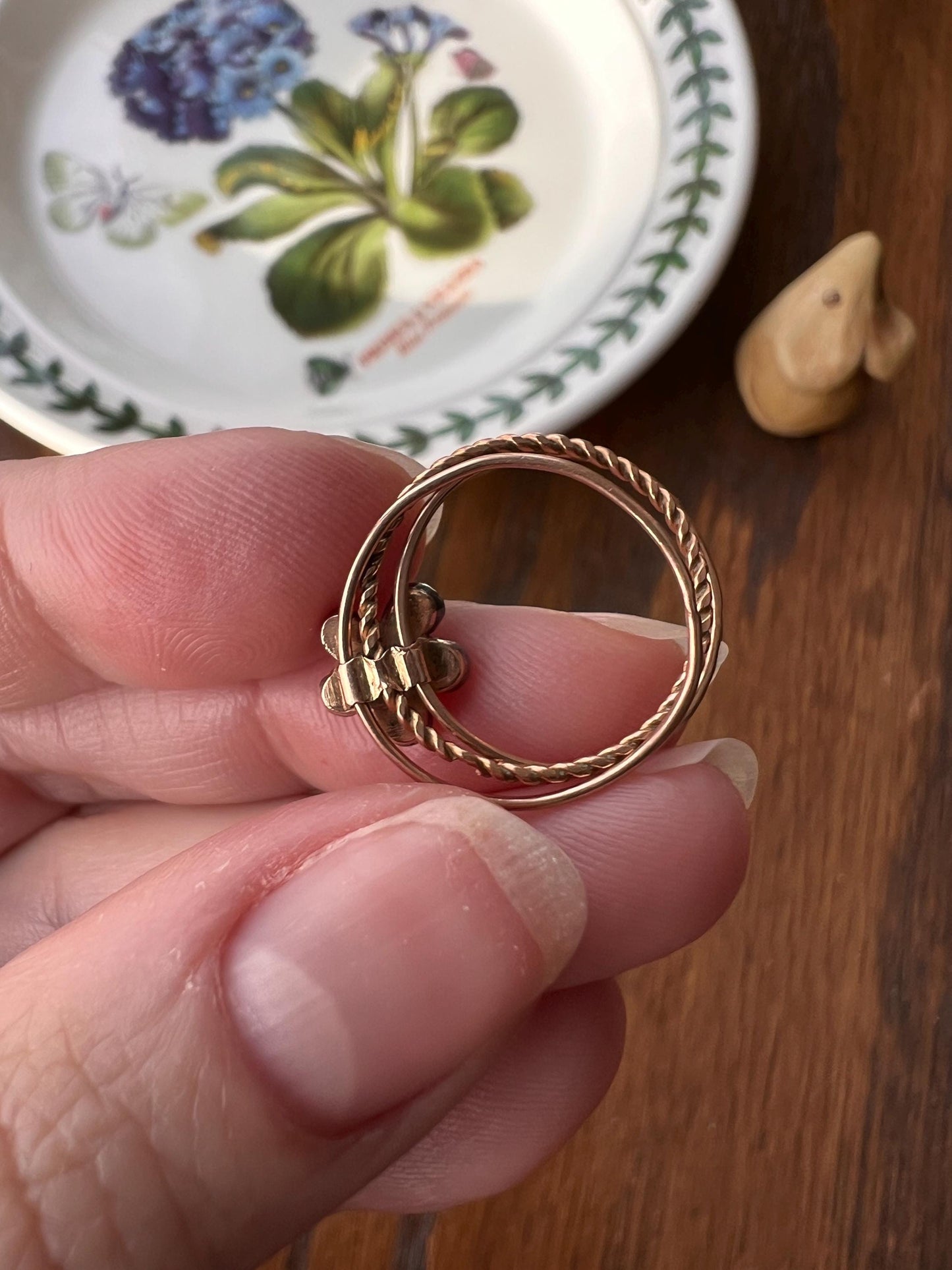 GEORGIAN Antique PANSY Floral Rose Cut Diamond Cluster Slide 18k GOLD Skinny Multi Three Band Stacker Ring French Love Gift Forget Me Not