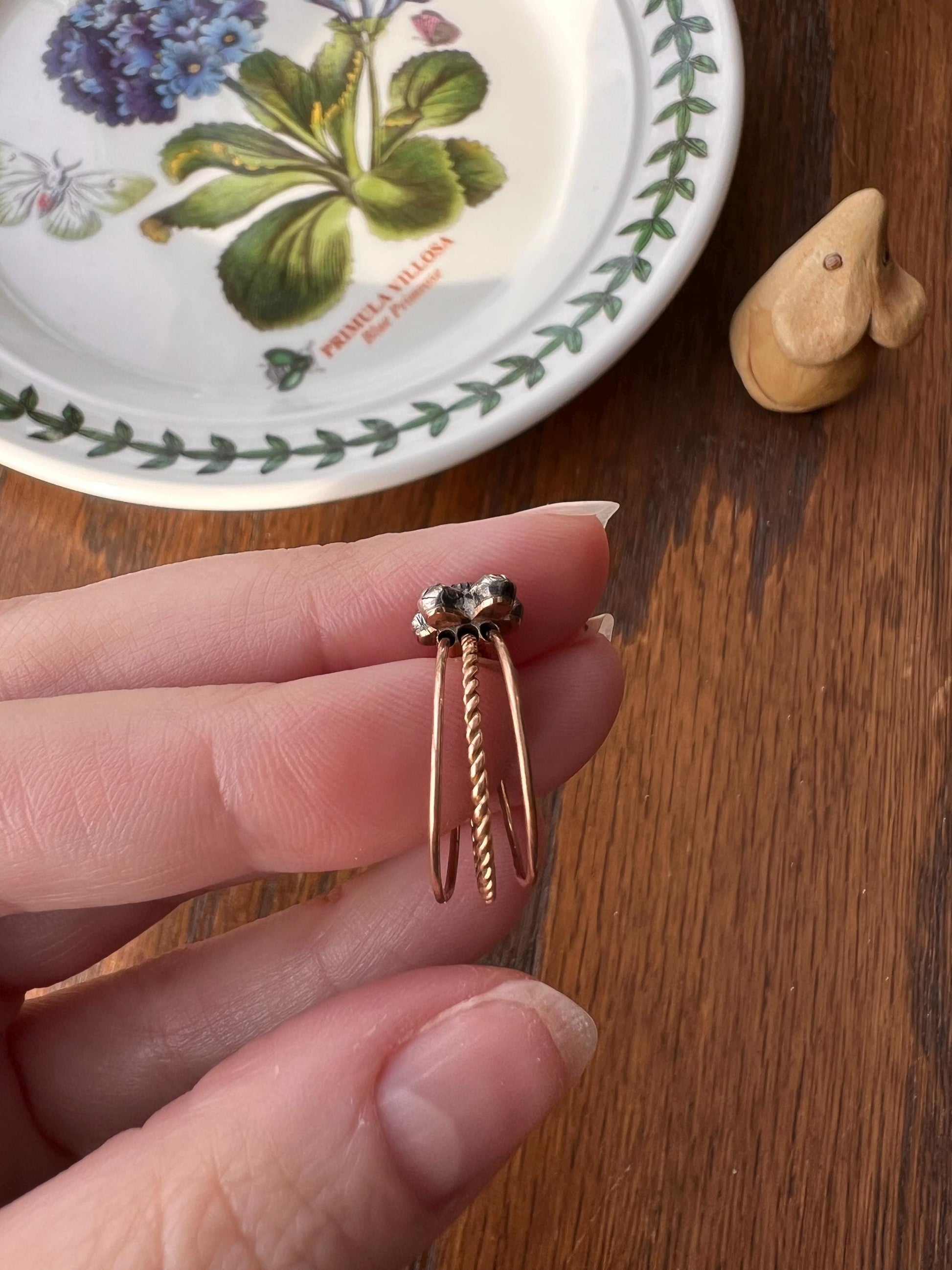 GEORGIAN Antique PANSY Floral Rose Cut Diamond Cluster Slide 18k GOLD Skinny Multi Three Band Stacker Ring French Love Gift Forget Me Not
