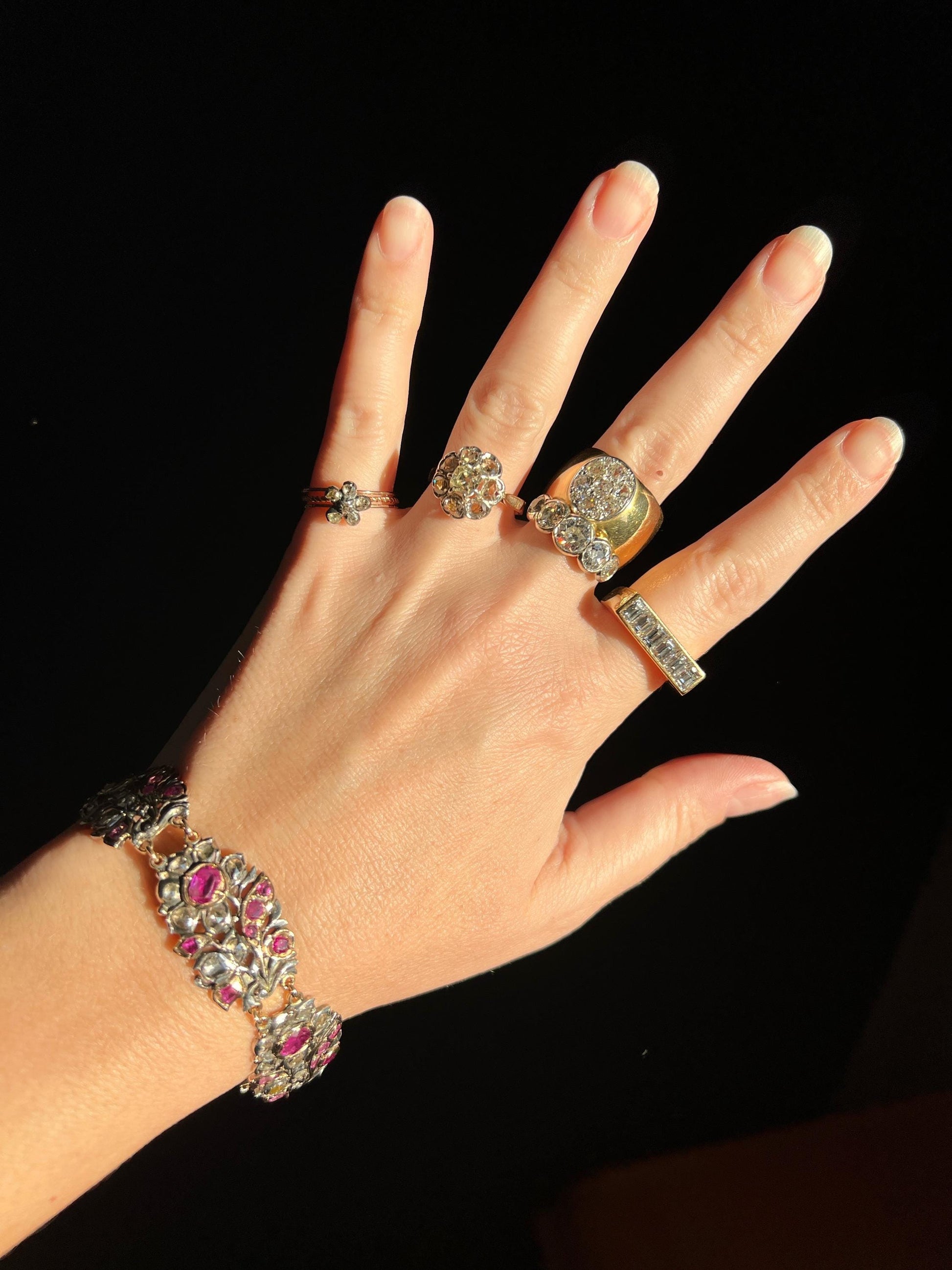 GEORGIAN Antique PANSY Floral Rose Cut Diamond Cluster Slide 18k GOLD Skinny Multi Three Band Stacker Ring French Love Gift Forget Me Not