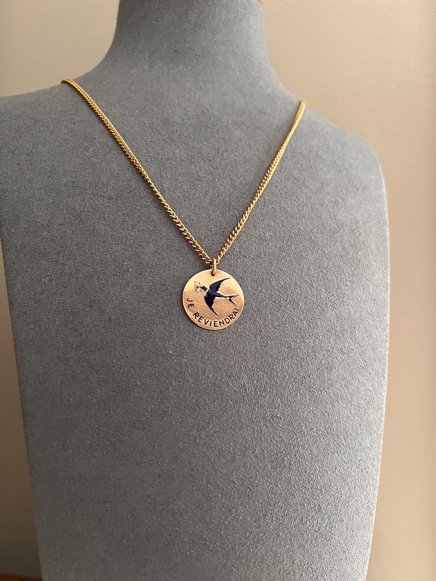 BIRD Swallow ENAMEL French Antique " I Will Return Again “ 18k Gold Solid Art Nouveau Blackbird Blue Pendant Charm Fob Tag Jewelry w/ Words