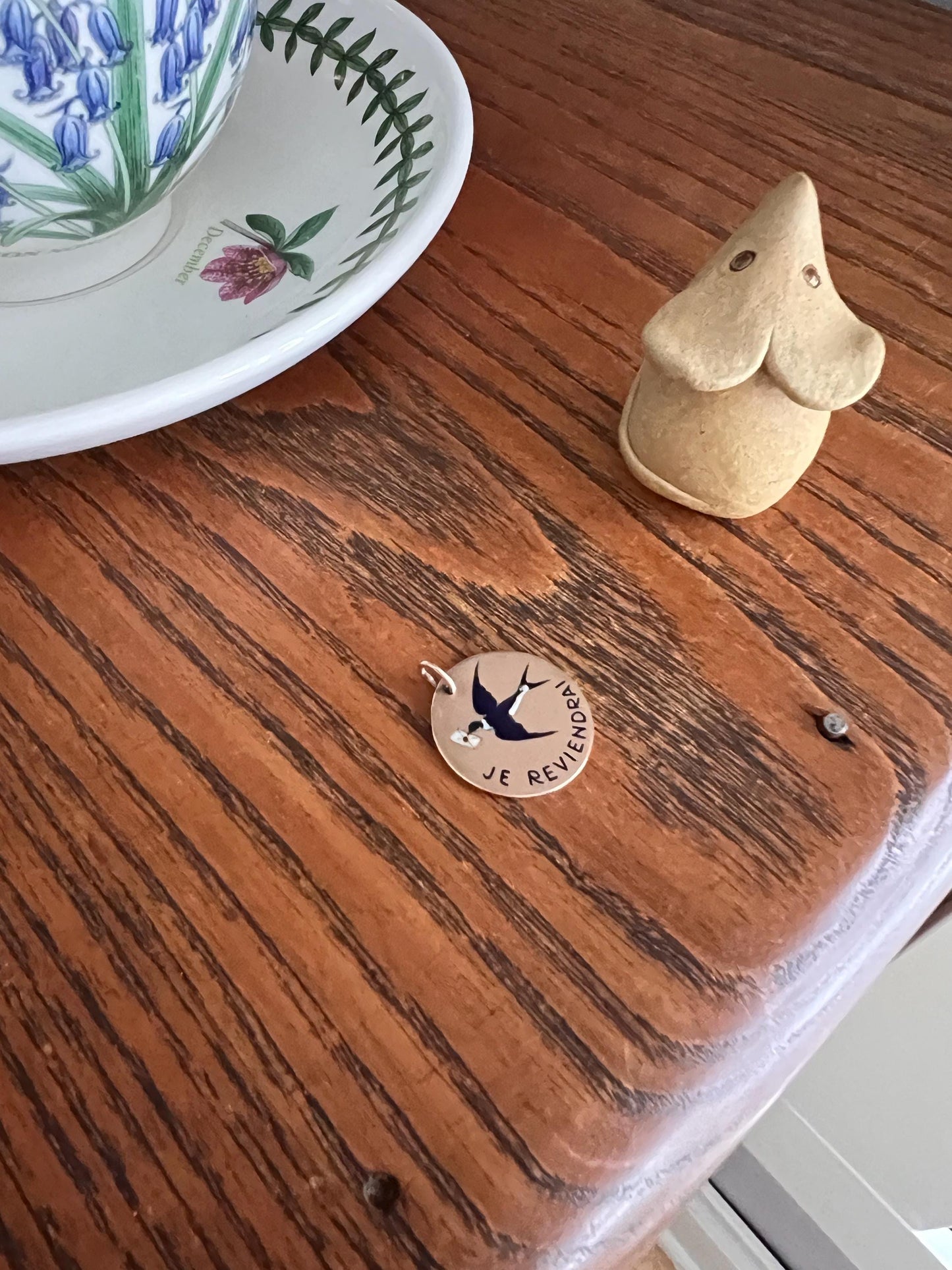 BIRD Swallow ENAMEL French Antique " I Will Return Again “ 18k Gold Solid Art Nouveau Blackbird Blue Pendant Charm Fob Tag Jewelry w/ Words