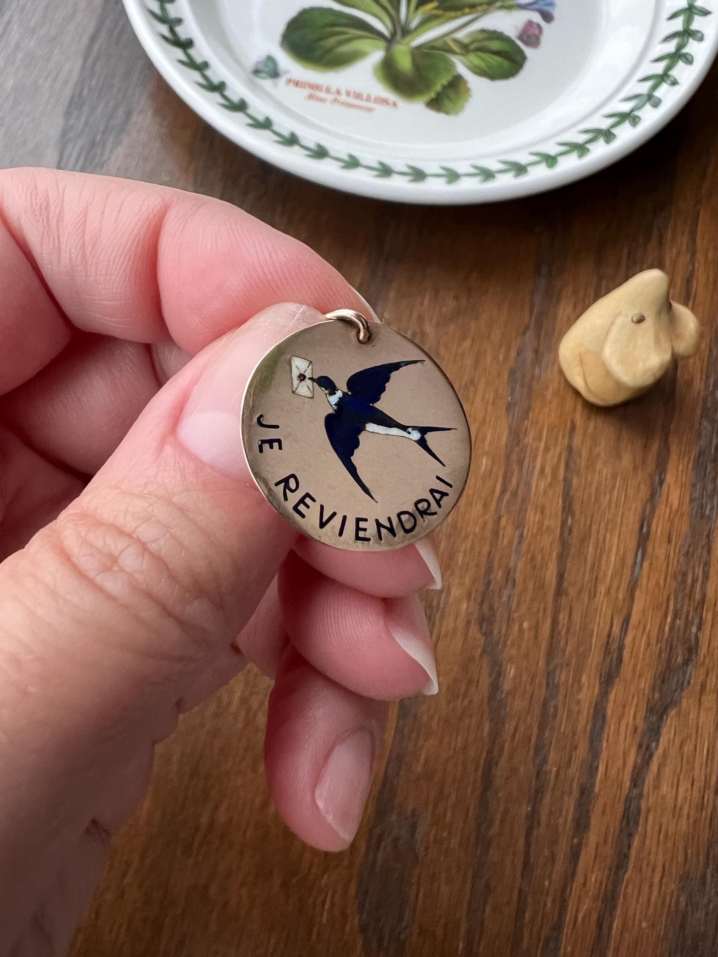 BIRD Swallow ENAMEL French Antique " I Will Return Again “ 18k Gold Solid Art Nouveau Blackbird Blue Pendant Charm Fob Tag Jewelry w/ Words