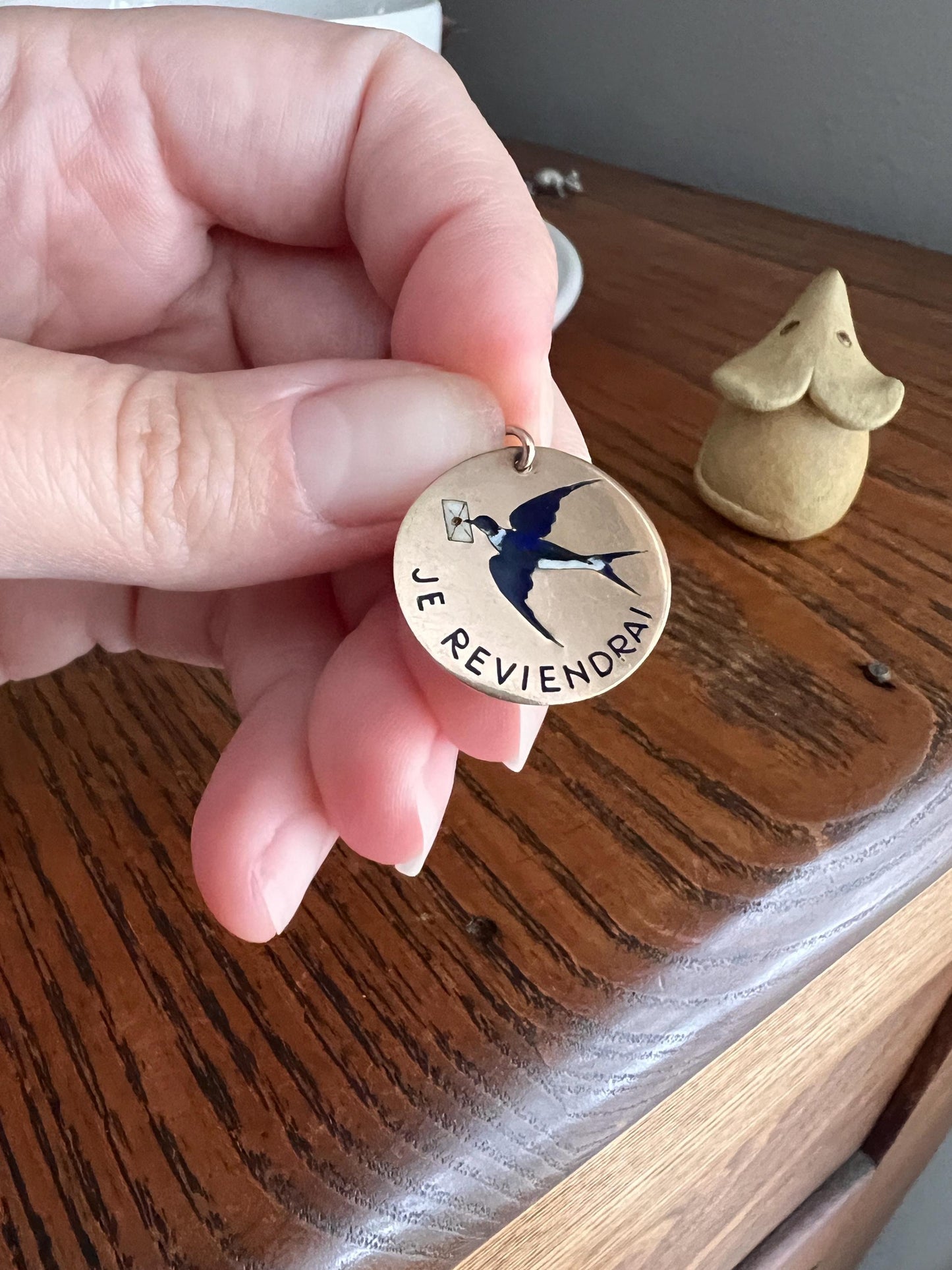 BIRD Swallow ENAMEL French Antique " I Will Return Again “ 18k Gold Solid Art Nouveau Blackbird Blue Pendant Charm Fob Tag Jewelry w/ Words