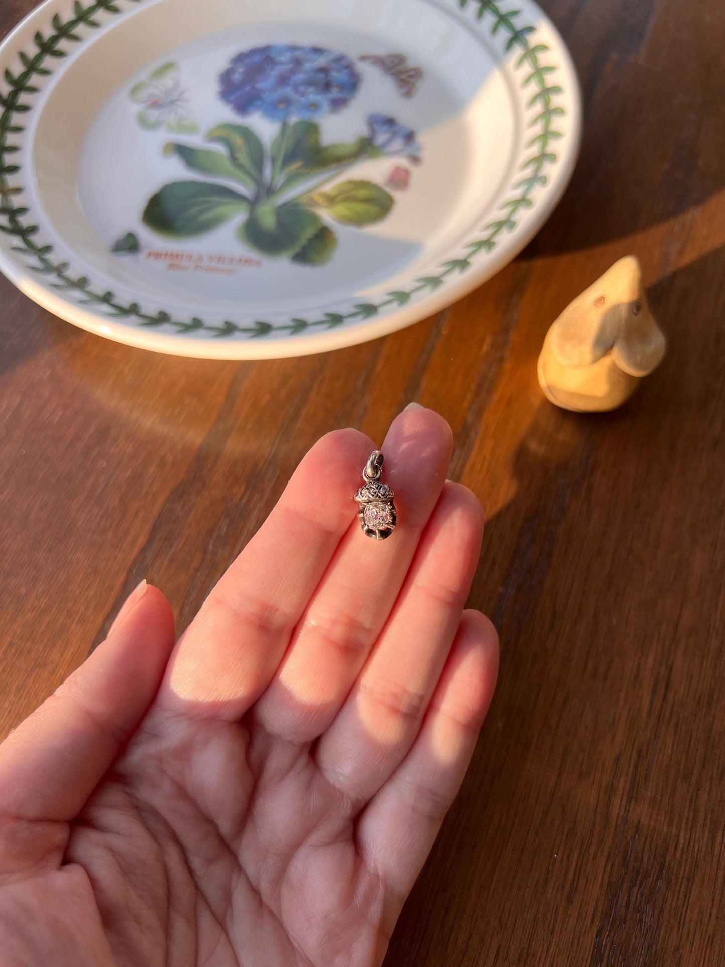 ACORN Eye Clean .65 Carat Old Mine Cut DIAMOND Rose Cut French Victorian ANTIQUE Figural Pendant Necklace or Bracelet Charm 18k Gold Silver