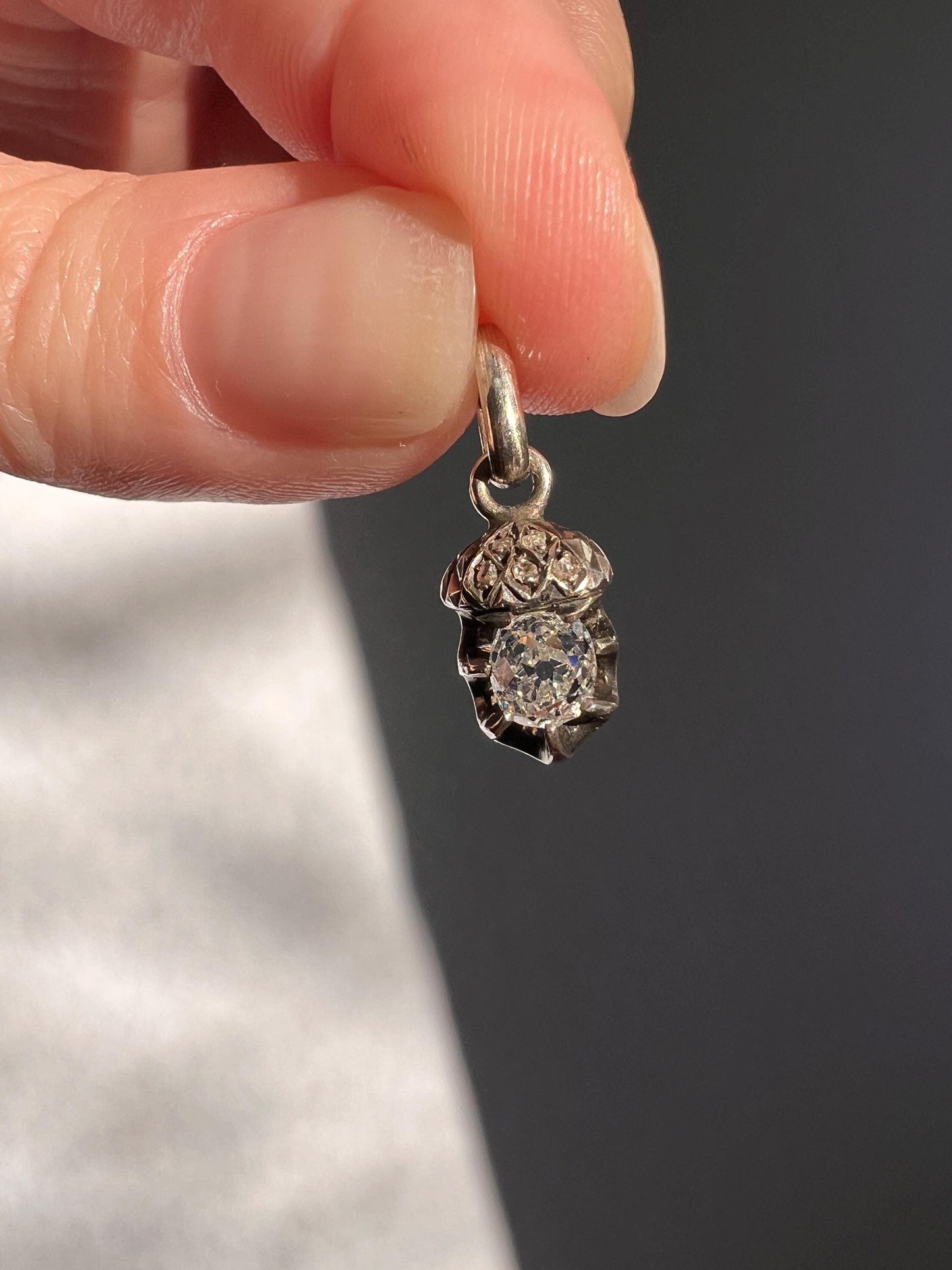 ACORN Eye Clean .65 Carat Old Mine Cut DIAMOND Rose Cut French Victorian ANTIQUE Figural Pendant Necklace or Bracelet Charm 18k Gold Silver