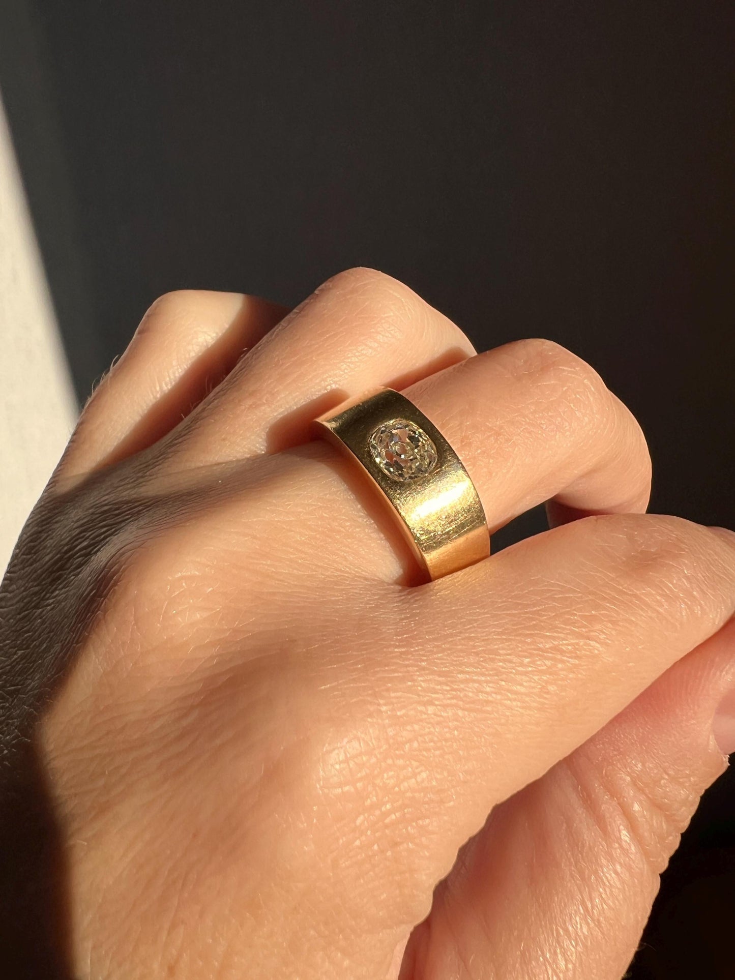 HEAVY .8 Carat Antique Eye Clean Old Mine Cut DIAMOND French Vintage 13g 18k Gold Gypsy Band Ring Solitaire Gift Stacker Chunky Unisex Man