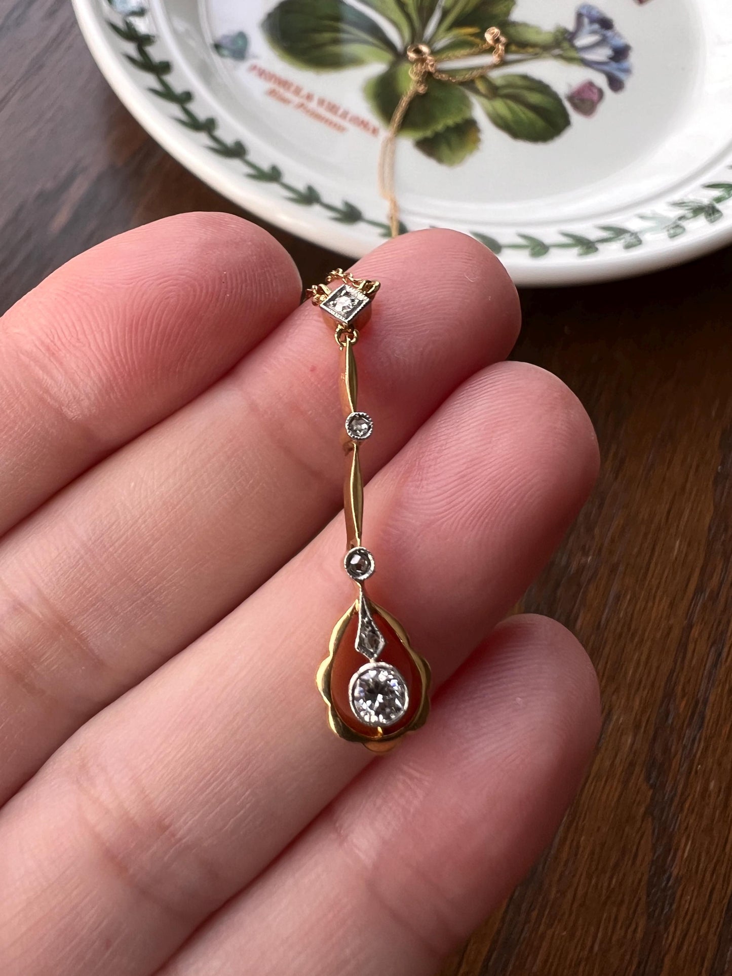 Belle Epoque Old European Mine Cut DIAMOND Dangle Necklace on 18k Gold Chain Antique Edwardian Teardrop Lavalier Dainty Romantic Gift OmC