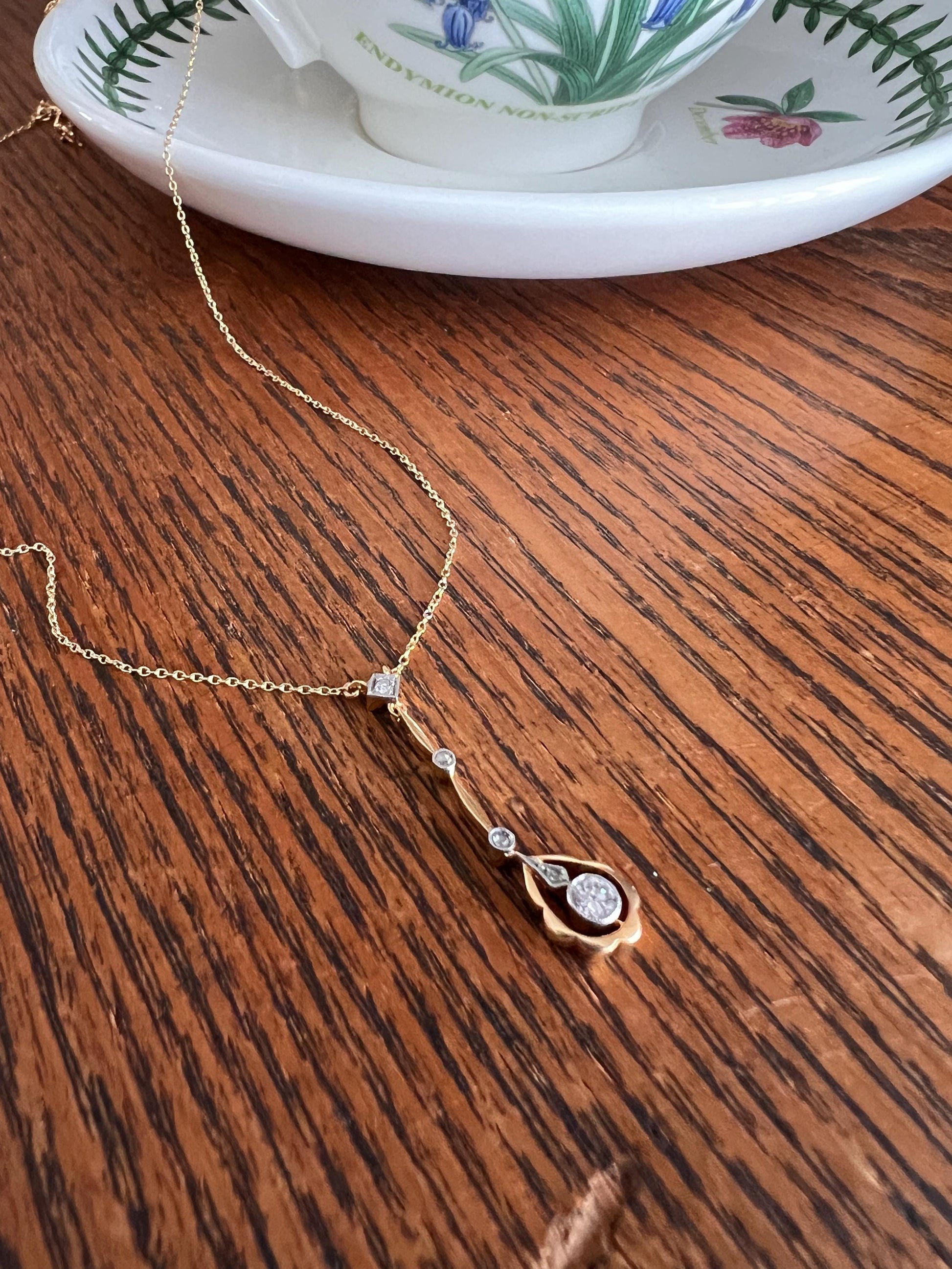 Belle Epoque Old European Mine Cut DIAMOND Dangle Necklace on 18k Gold Chain Antique Edwardian Teardrop Lavalier Dainty Romantic Gift OmC
