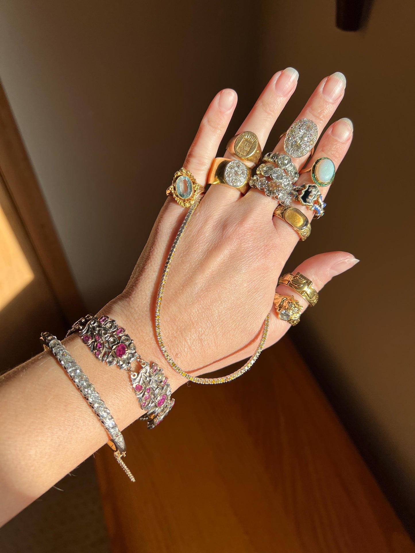 Antique 4.35 CARAT Old Mine Cut DIAMOND Encrusted Hinged Bangle Line Bracelet 18k Gold Edwardian Victorian Wriststack 4.35Ctw Rose OMC Stack
