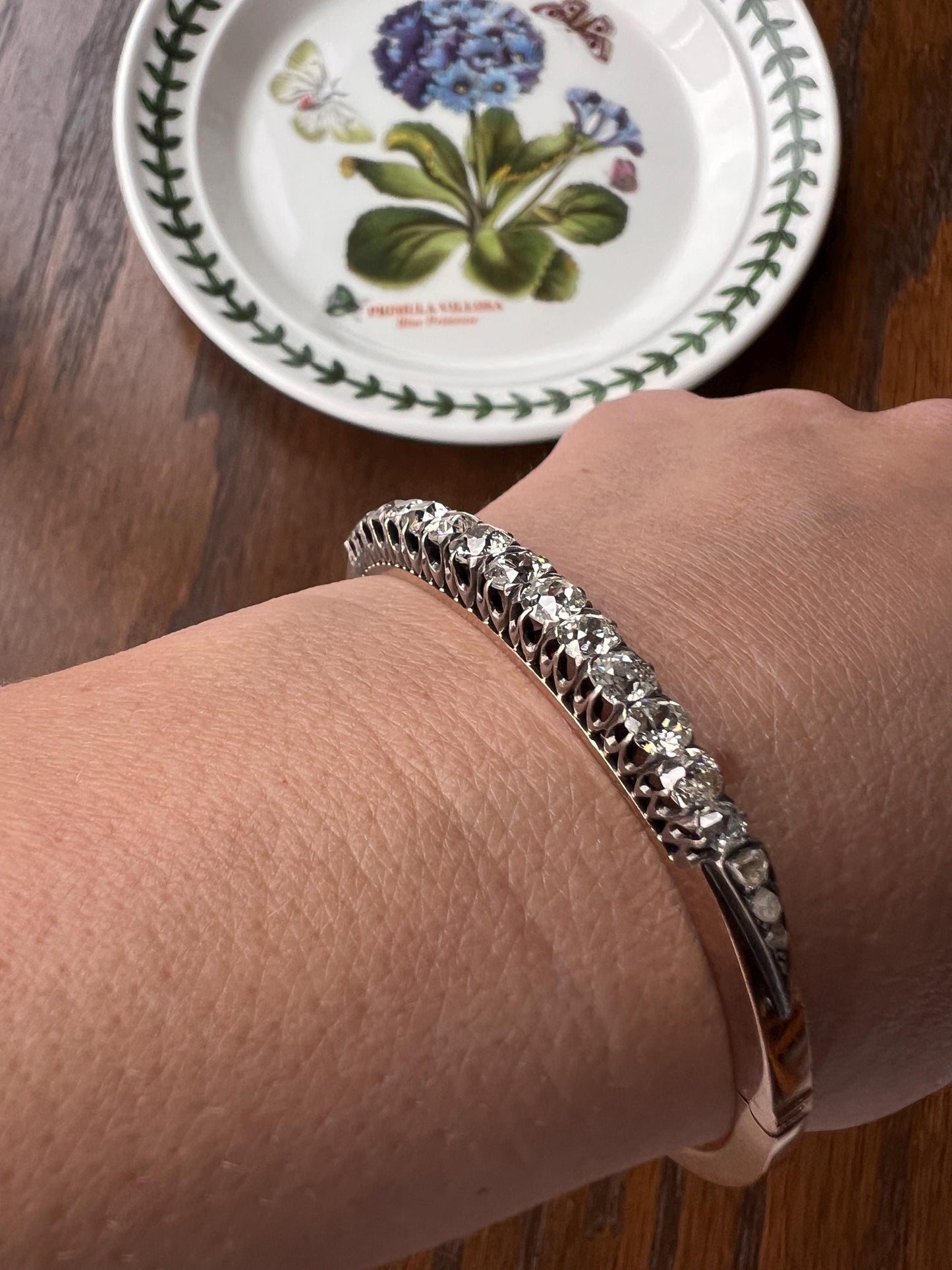 Antique 4.35 CARAT Old Mine Cut DIAMOND Encrusted Hinged Bangle Line Bracelet 18k Gold Edwardian Victorian Wriststack 4.35Ctw Rose OMC Stack