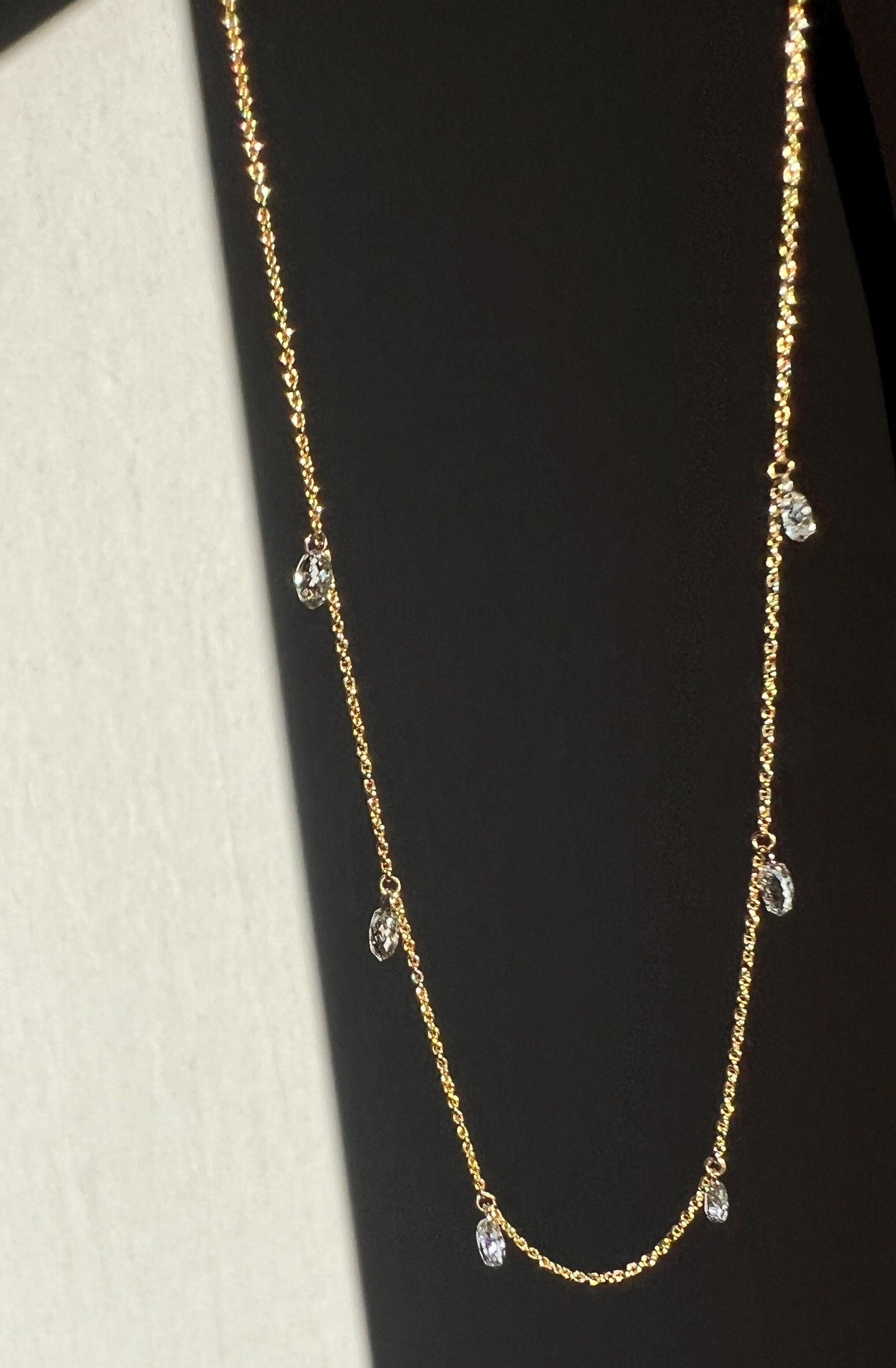 Vintage 1.2 Carat BRIOLLETTE Diamonds Multi Drop Necklace 14k Gold Chain Faceted Teardrops Dangle Pendants 3D Rose Cuts Dainty Romantic Gift