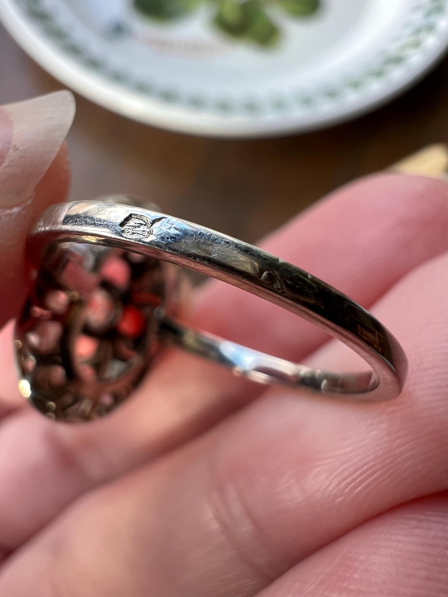 Belle Epoque Oval Old Mine Rose Cut DIAMOND Antique Panel Platform Ring Openwork French 18k White Gold Platinum Solid Stacker Romantic Gift