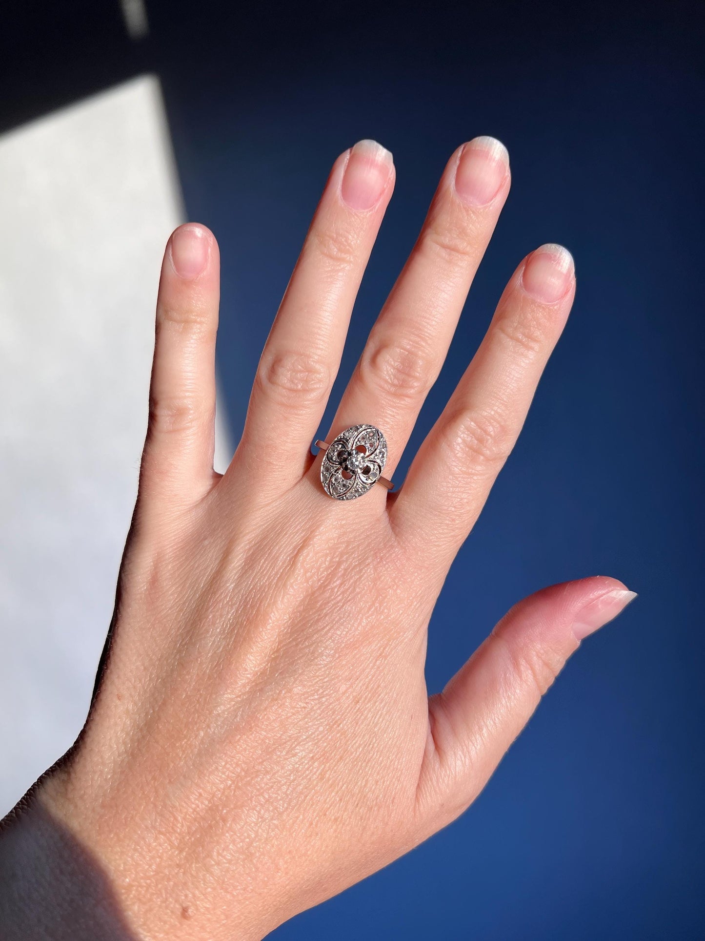 Belle Epoque Oval Old Mine Rose Cut DIAMOND Antique Panel Platform Ring Openwork French 18k White Gold Platinum Solid Stacker Romantic Gift