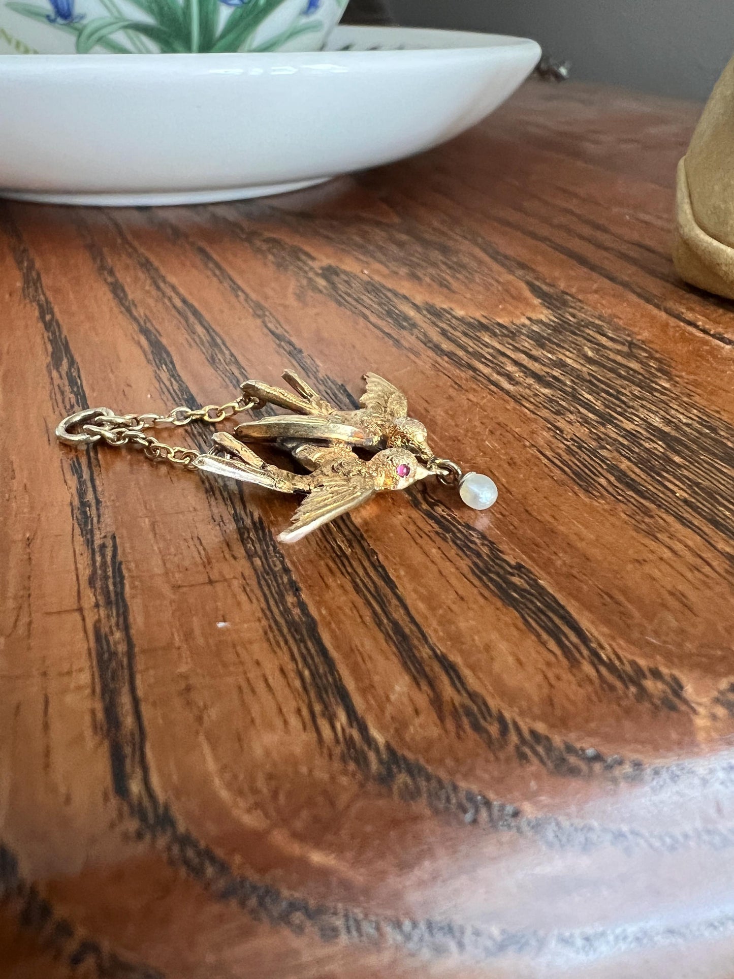 Two BIRD Swallows French Antique 18k Gold Victorian Art Nouveau Pendant Pearl Dangle Ruby Eyes Figural Animal Jewelry Romantic Gift Unique