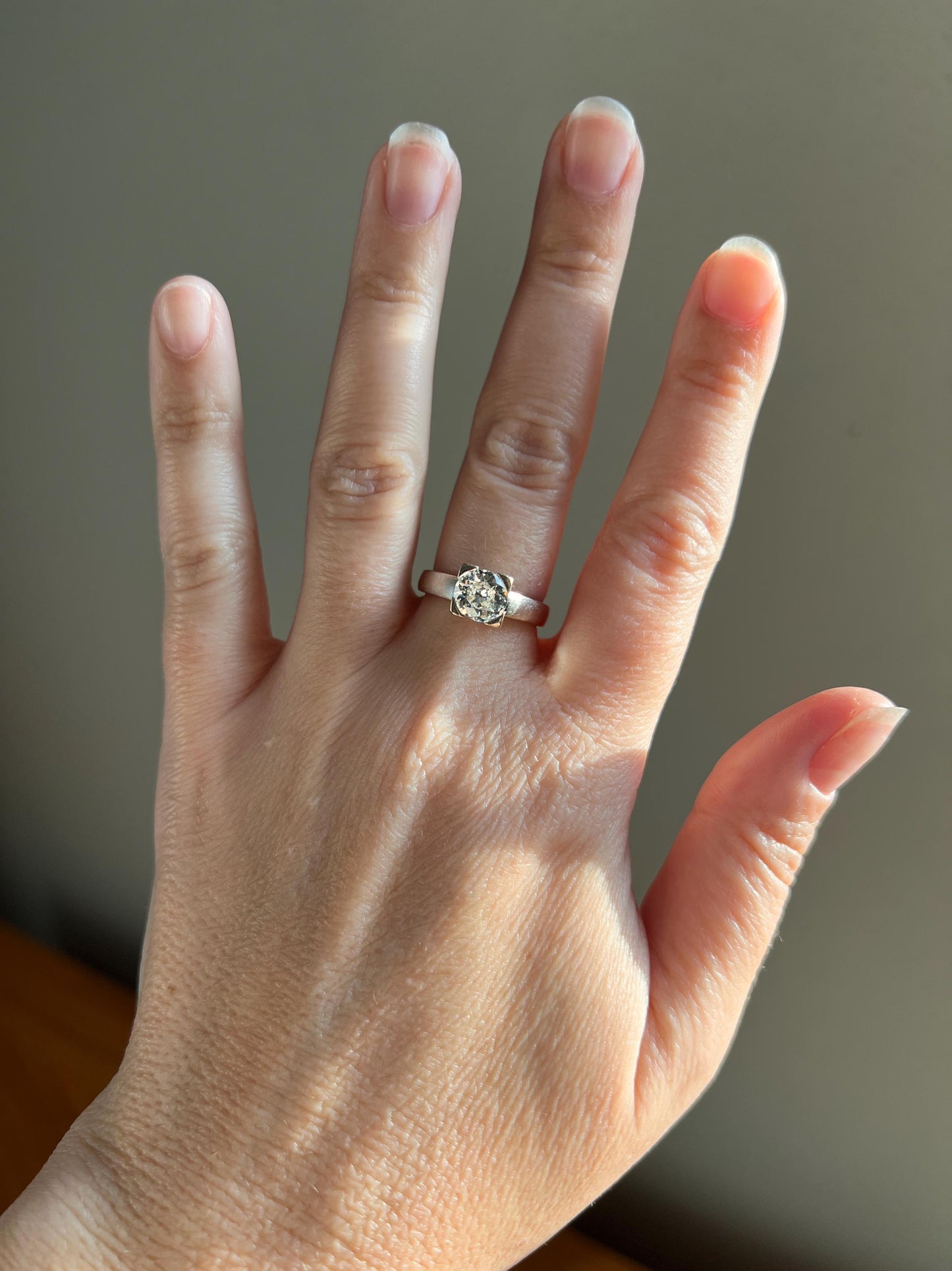 Chunky Antique 1.1 CARAT Eye CLEAN Old European Cut DIAMOND Square Setting Solitaire Engagement Ring 18k White Gold 1.1ct OeC Stacker Gift