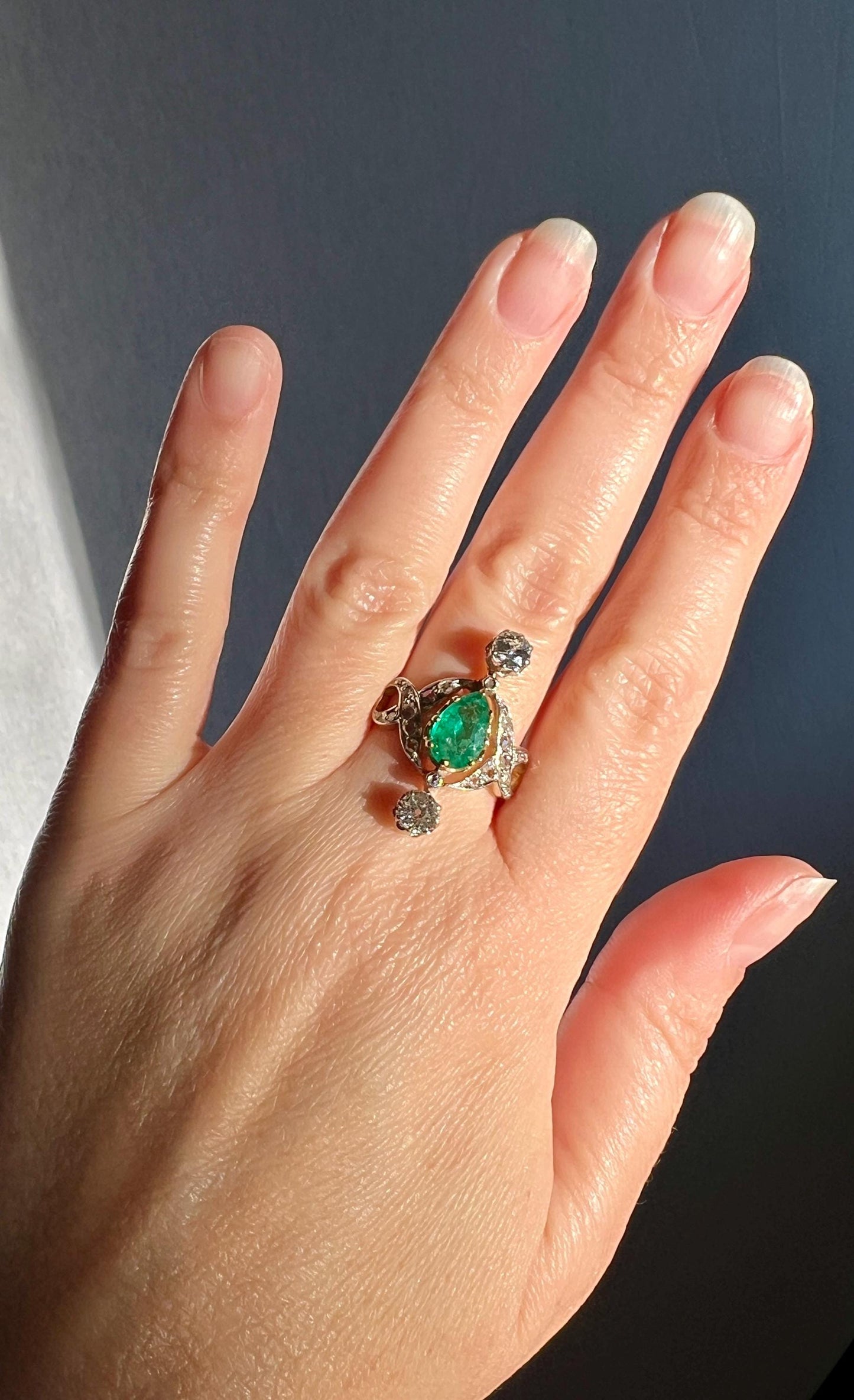 Antique Belle Epoque Pear EMERALD 1.5 Carat Rose Old Mine Cut Diamond XL Swirl Ring Ornate Stacker Gift French 18k Gold Edwardian Victorian