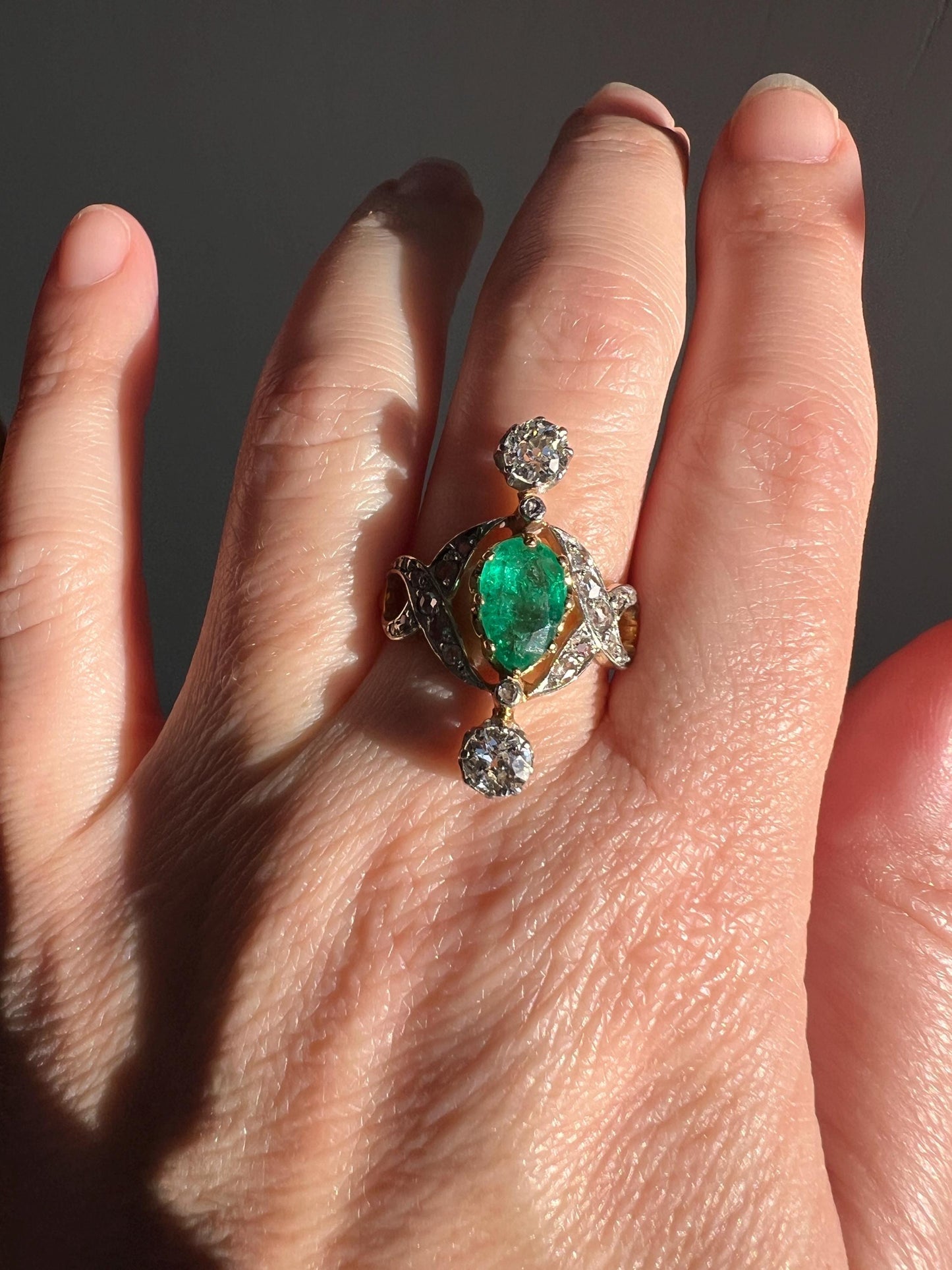 Antique Belle Epoque Pear EMERALD 1.5 Carat Rose Old Mine Cut Diamond XL Swirl Ring Ornate Stacker Gift French 18k Gold Edwardian Victorian