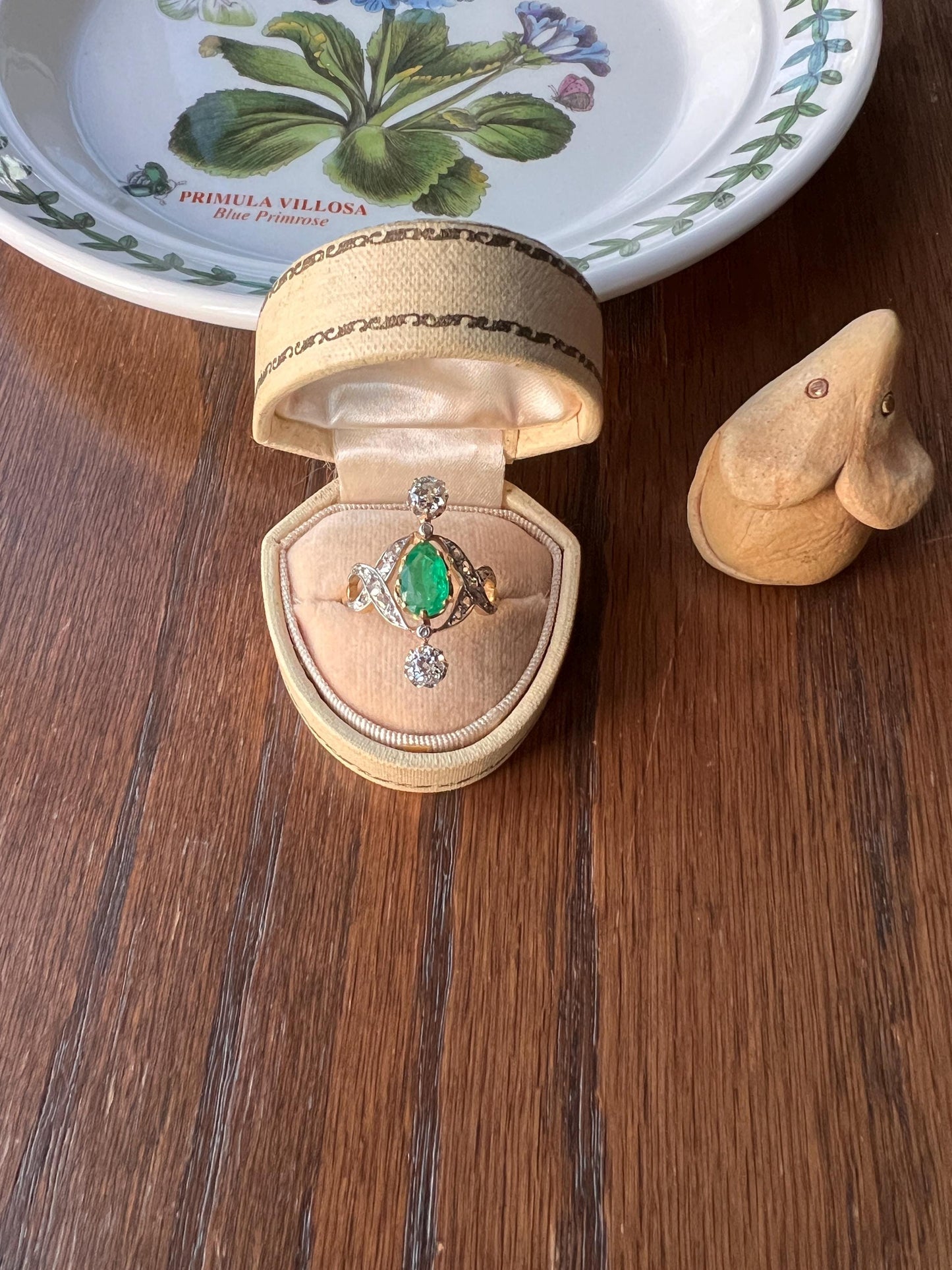 Antique Belle Epoque Pear EMERALD 1.5 Carat Rose Old Mine Cut Diamond XL Swirl Ring Ornate Stacker Gift French 18k Gold Edwardian Victorian
