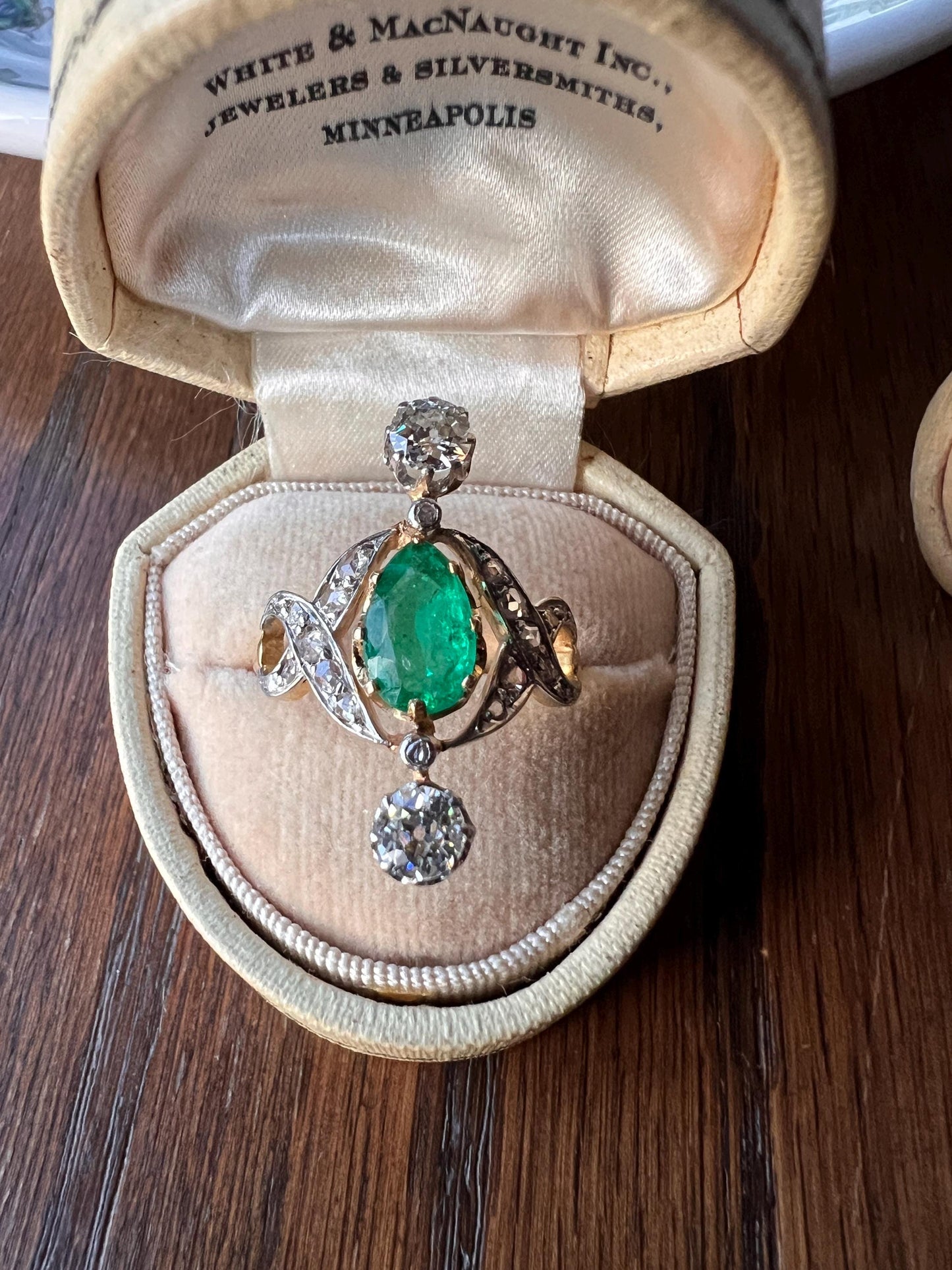 Antique Belle Epoque Pear EMERALD 1.5 Carat Rose Old Mine Cut Diamond XL Swirl Ring Ornate Stacker Gift French 18k Gold Edwardian Victorian